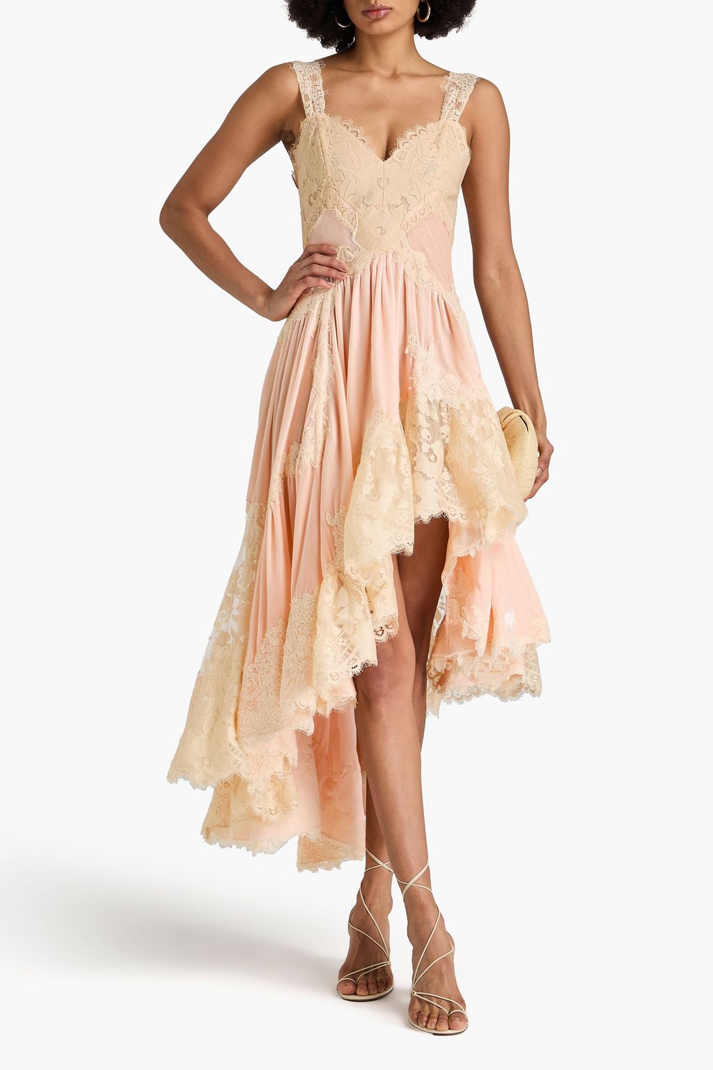 ZIMMERMANN Asymmetric gathered lace-trimmed velvet dress