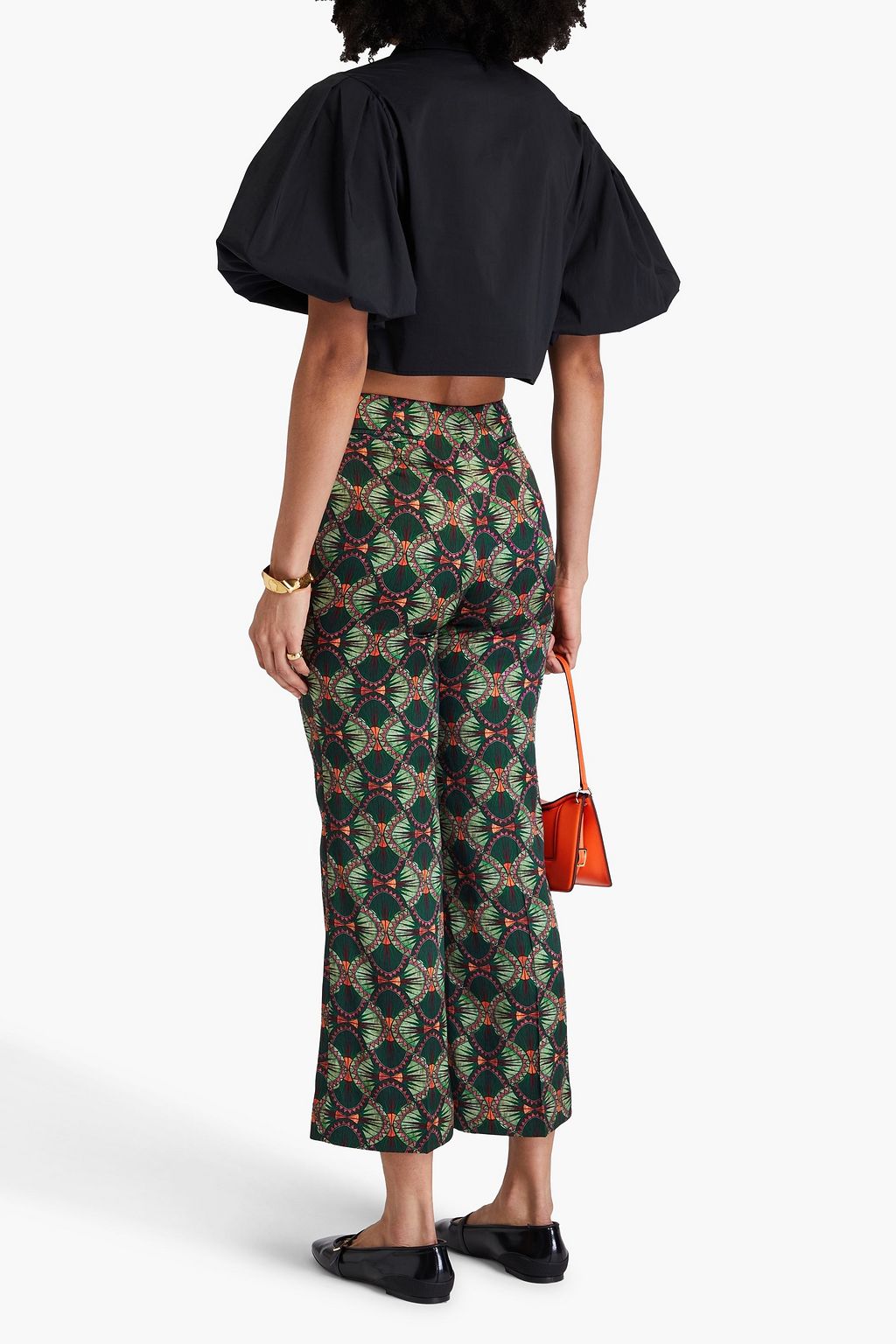 SALONI Printed satin-twill kick-flare pants