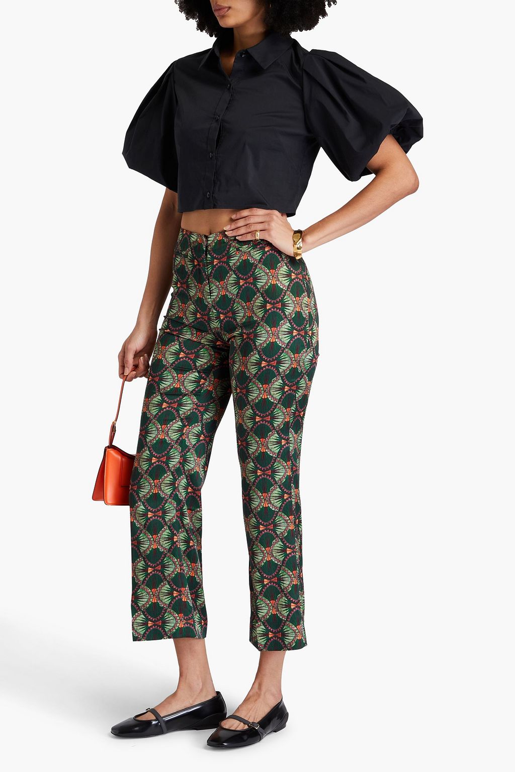 SALONI Printed satin-twill kick-flare pants