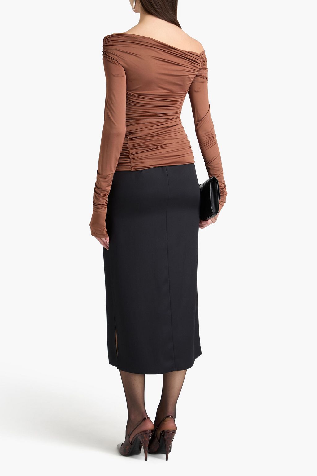 HELMUT LANG Off-the-shoulder ruched satin-jersey top