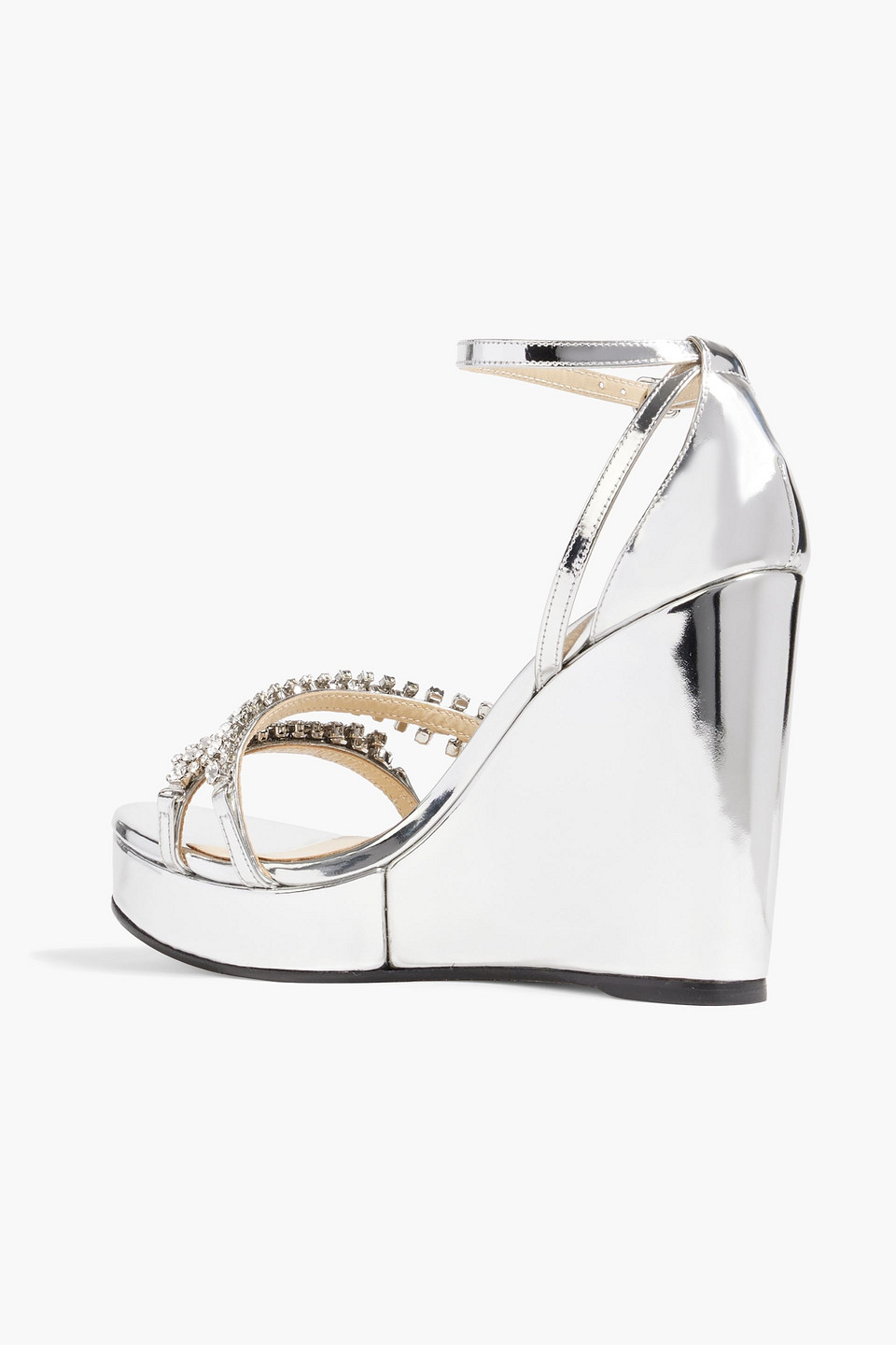 Jimmy Choo Bing 120 Crystal-embellished Mirrored-leather Wedge Sandals In Silver