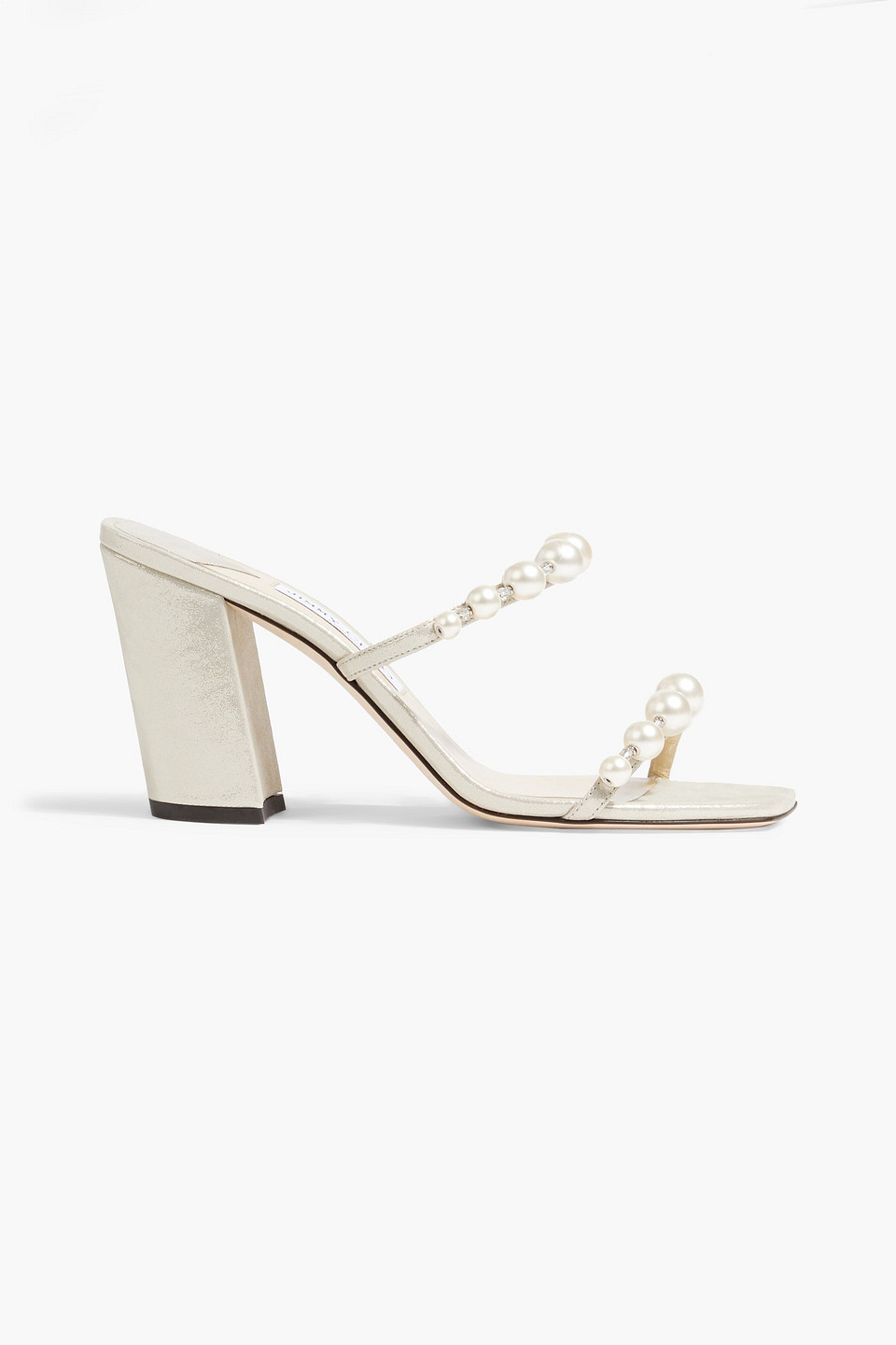 Jimmy Choo Amara 85 Faux Pearl-embellished Metallic Suede Sandals In Platinum
