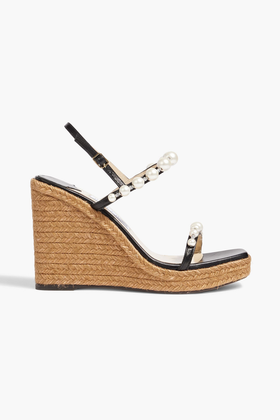 Jimmy Choo Amatuus 110 Faux Pearl-embellished Leather Wedge Slingback Sandals In Black