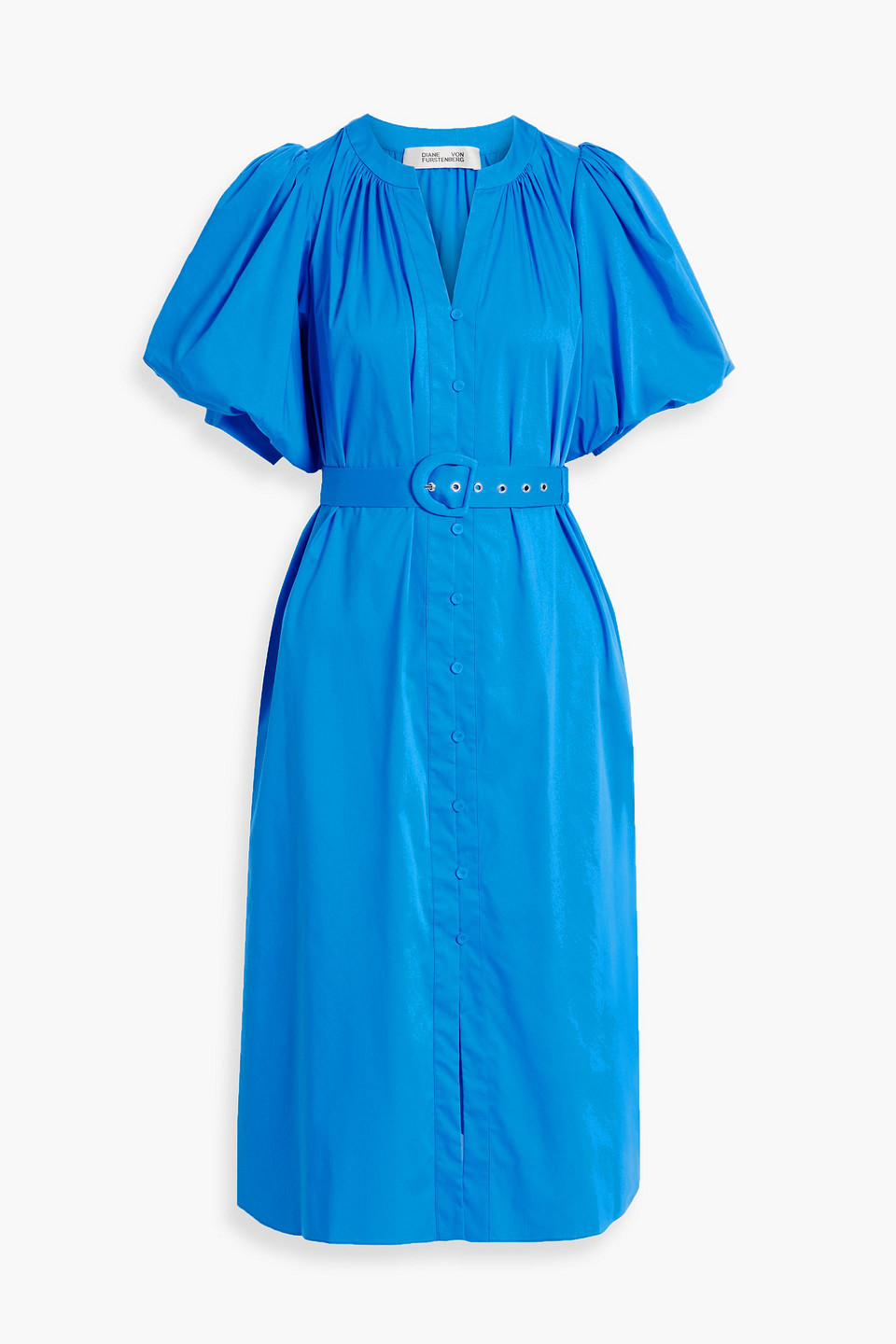 Diane Von Furstenberg Damon Ruffle Sleeve Cotton Blend Midi Dress In Azure