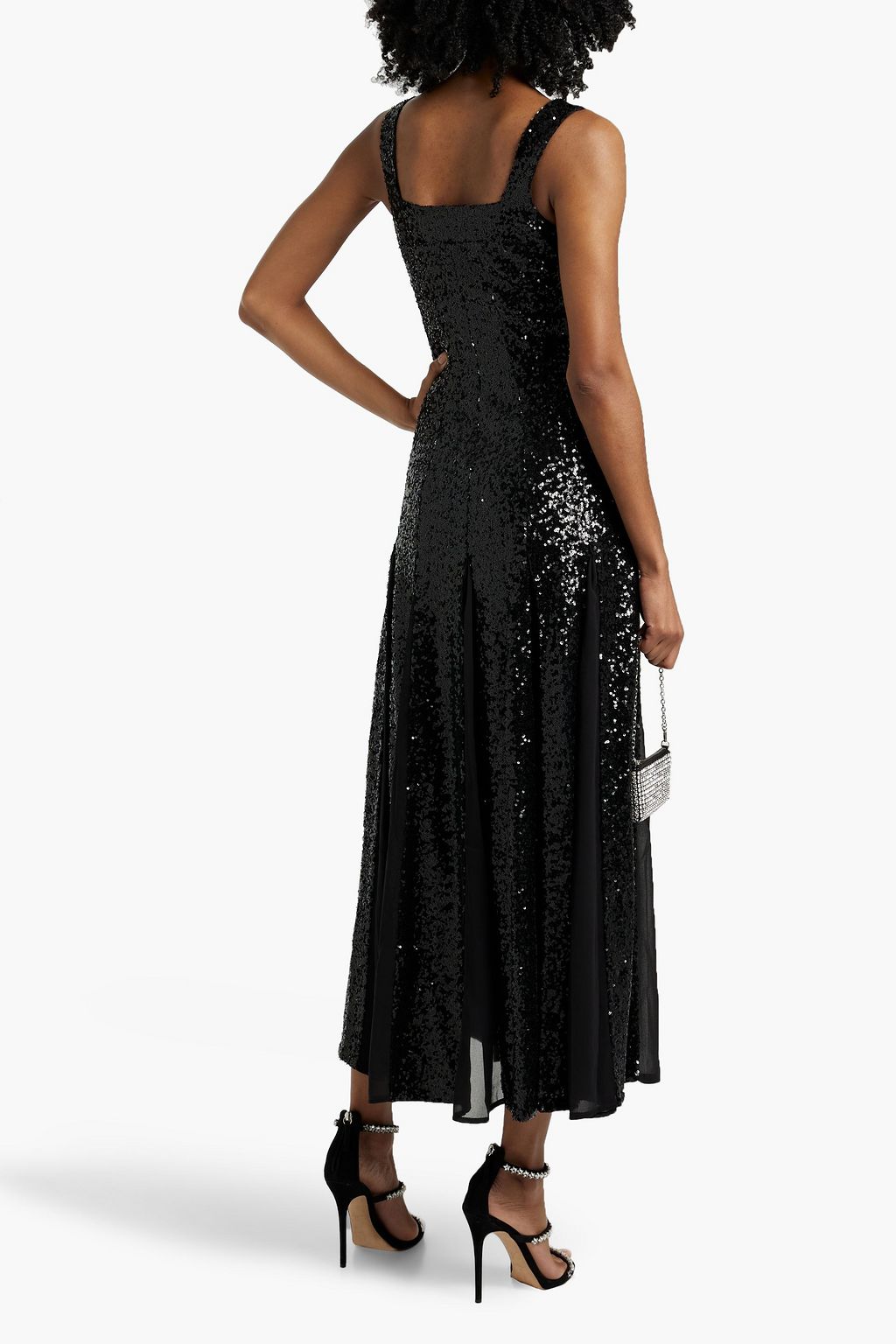 HVN Sequined chiffon-paneled tulle midi dress