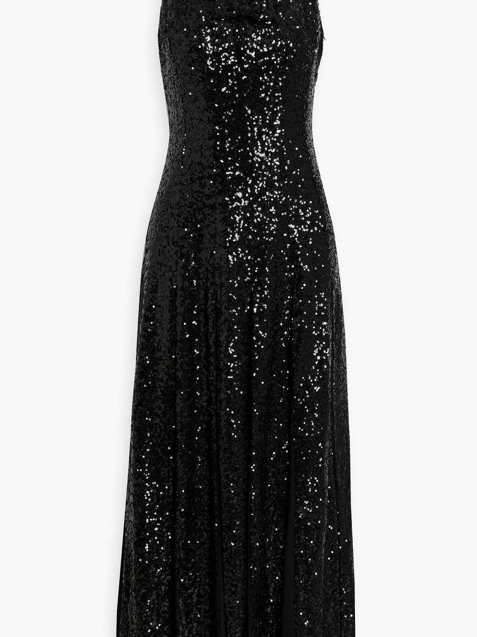 sequined chiffon-paneled tulle midi dress