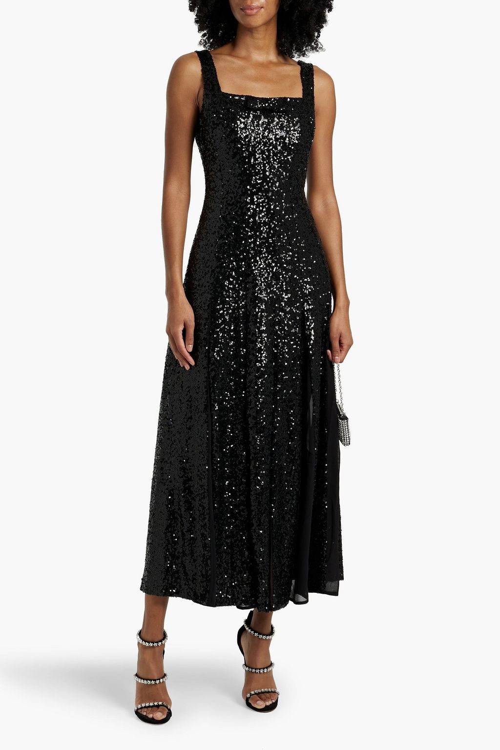HVN Sequined chiffon-paneled tulle midi dress