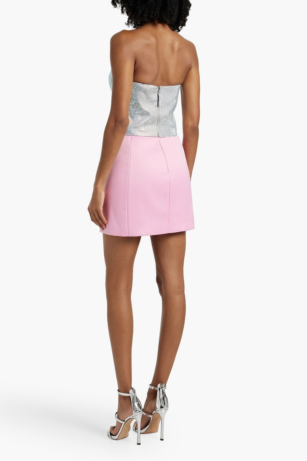 COSTARELLOS Iridescent crystal-embellished woven bustier top