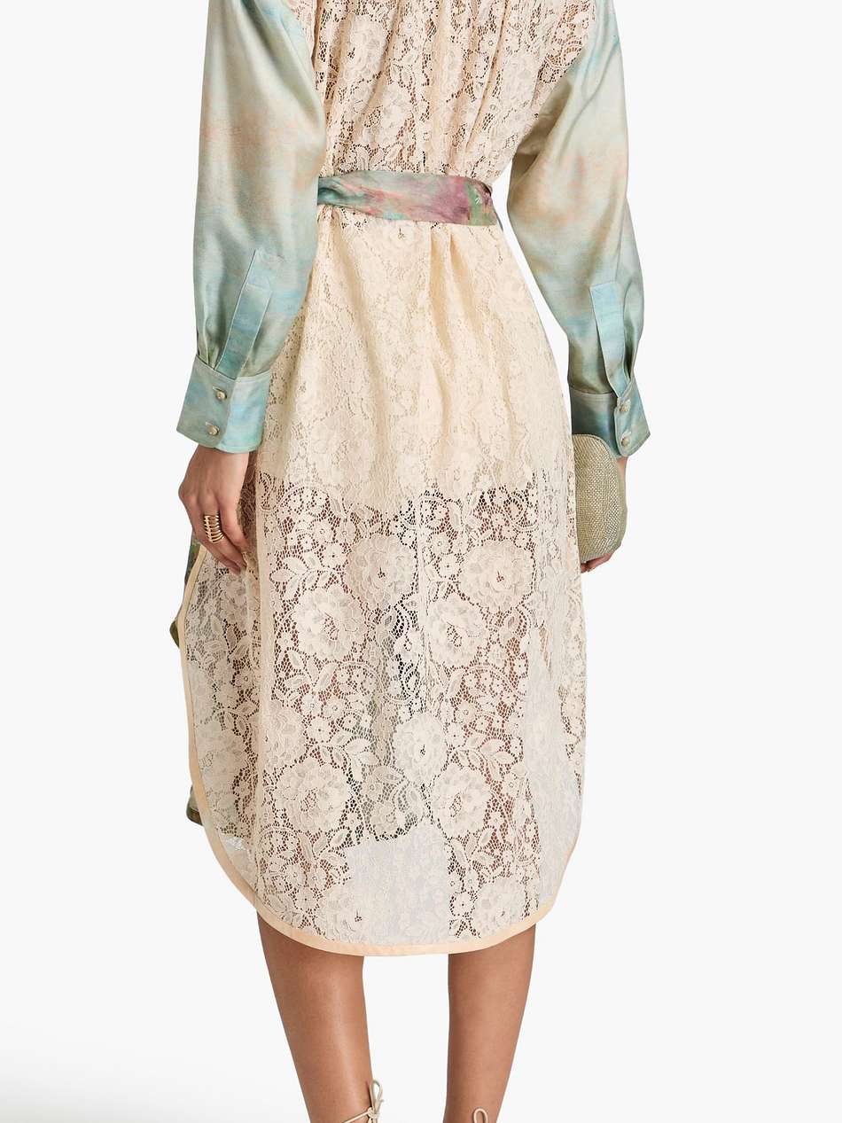 belted printed satin and lace midi dress