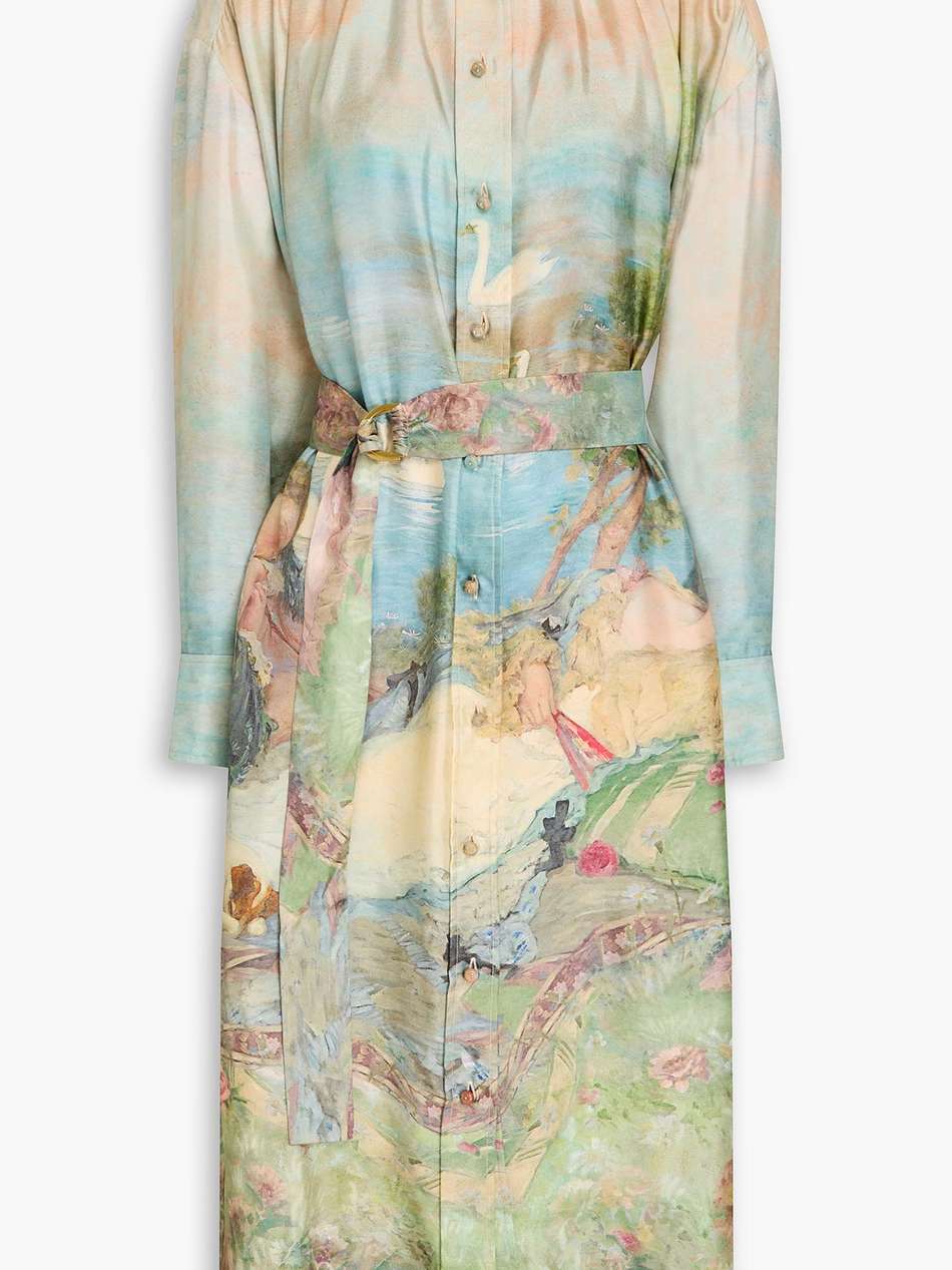 belted printed satin and lace midi dress