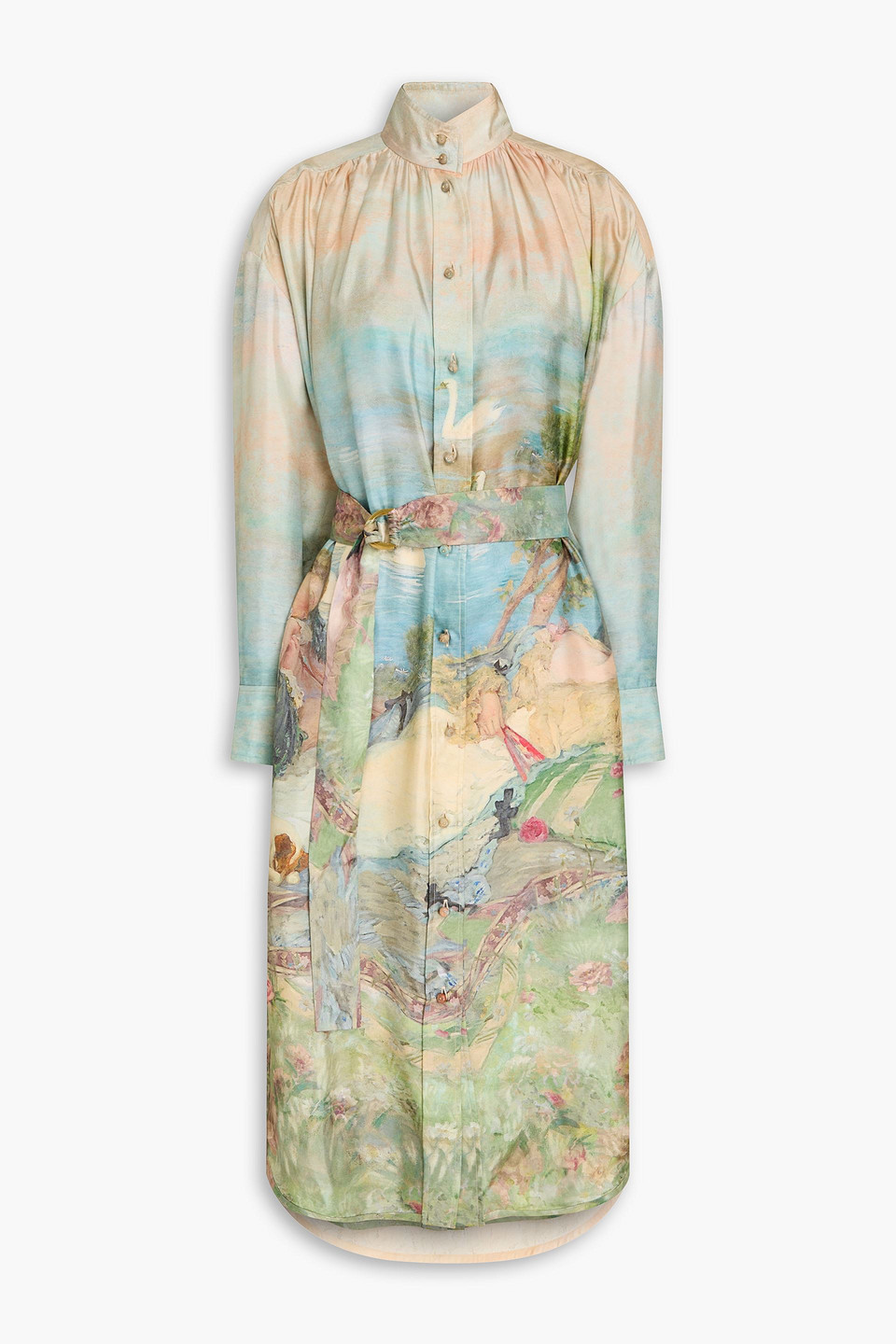Zimmermann Belted Printed Satin And Lace Midi Dress In Schieferblau