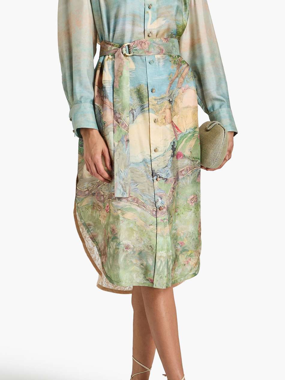 belted printed satin and lace midi dress