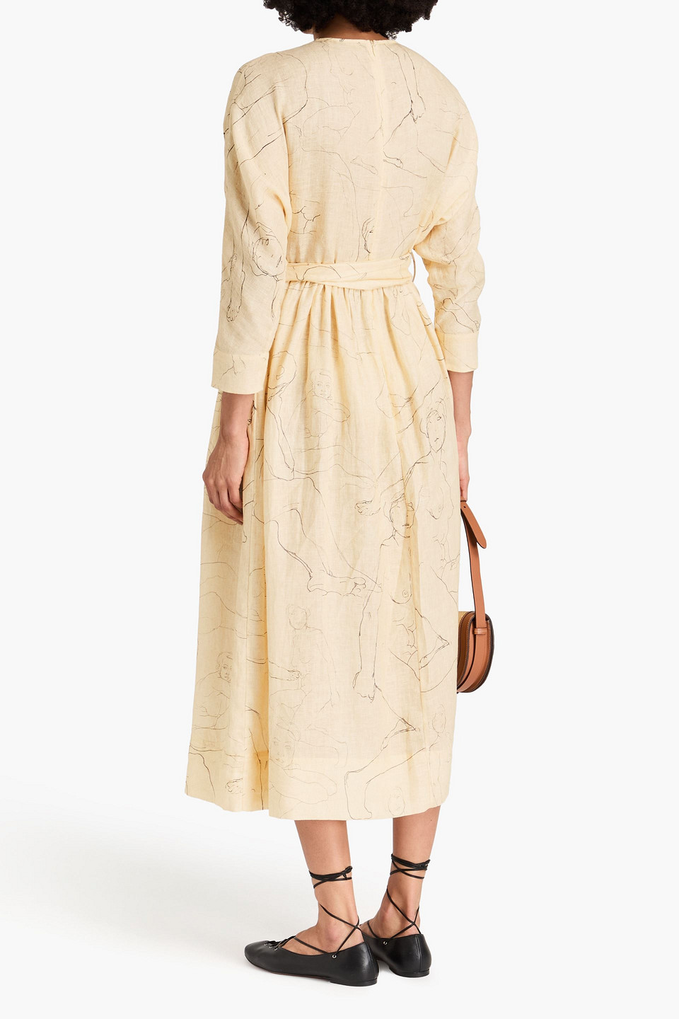 Zimmermann Belted Printed Linen Midi Dress In Creme