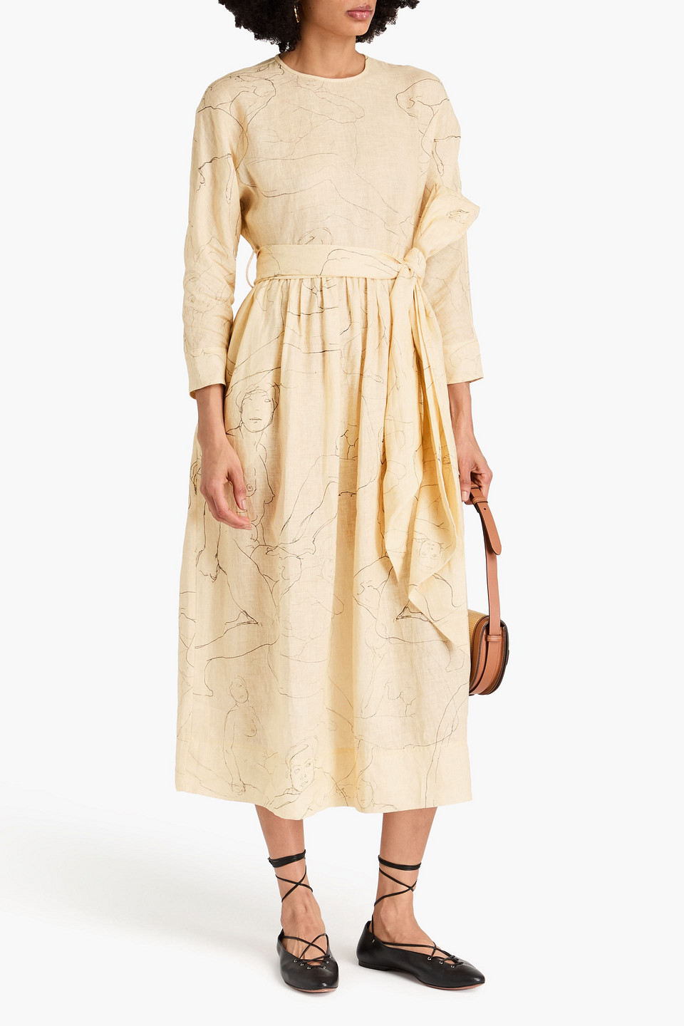 Zimmermann Belted Printed Linen Midi Dress In Creme