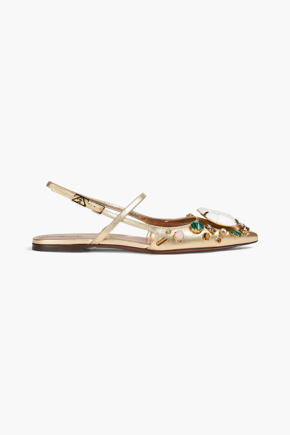 Embellished metallic leather slingback flats
