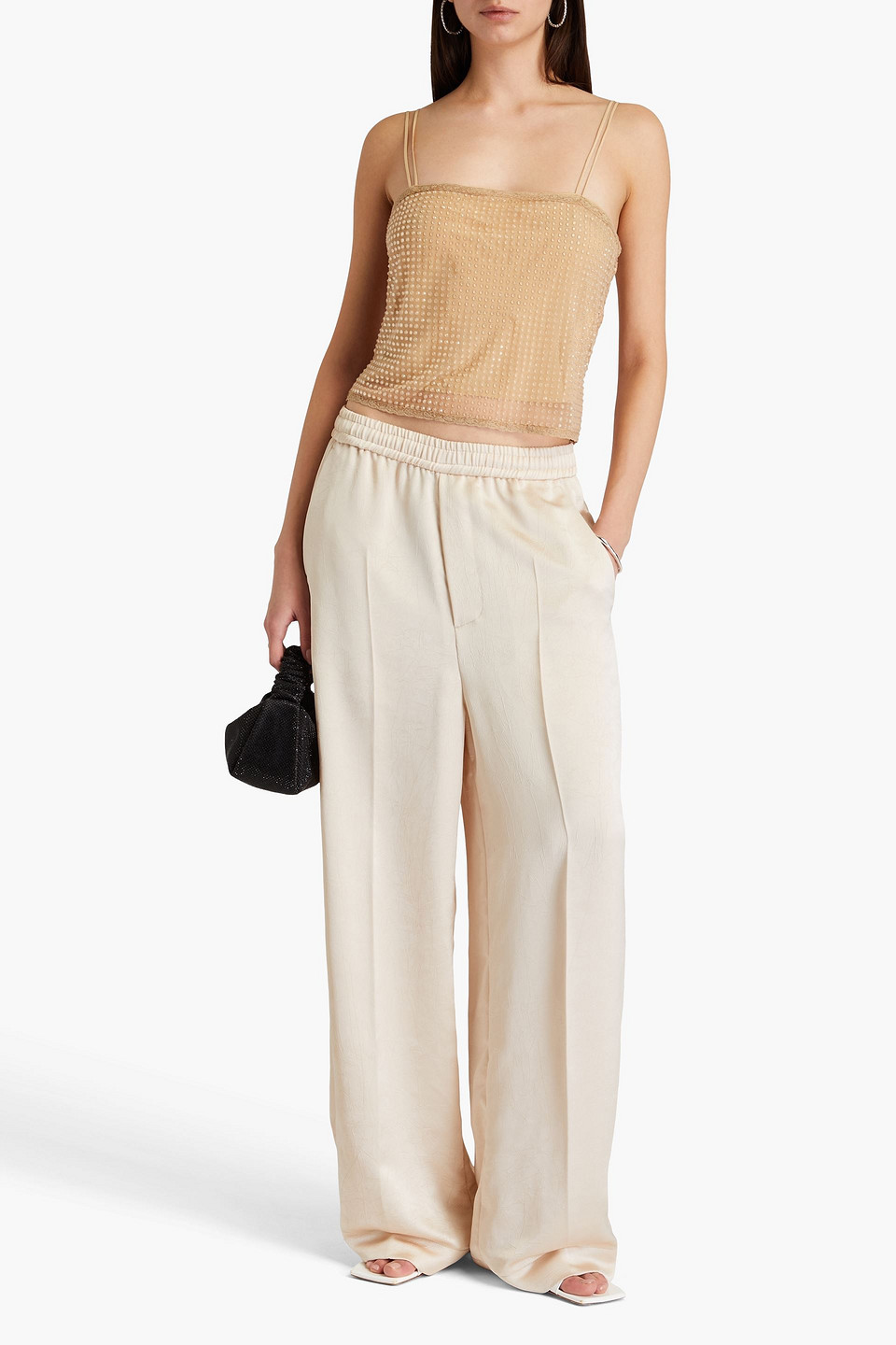 ALEXANDER WANG LACE-TRIMMED CRYSTAL-EMBELLISHED TULLE TOP