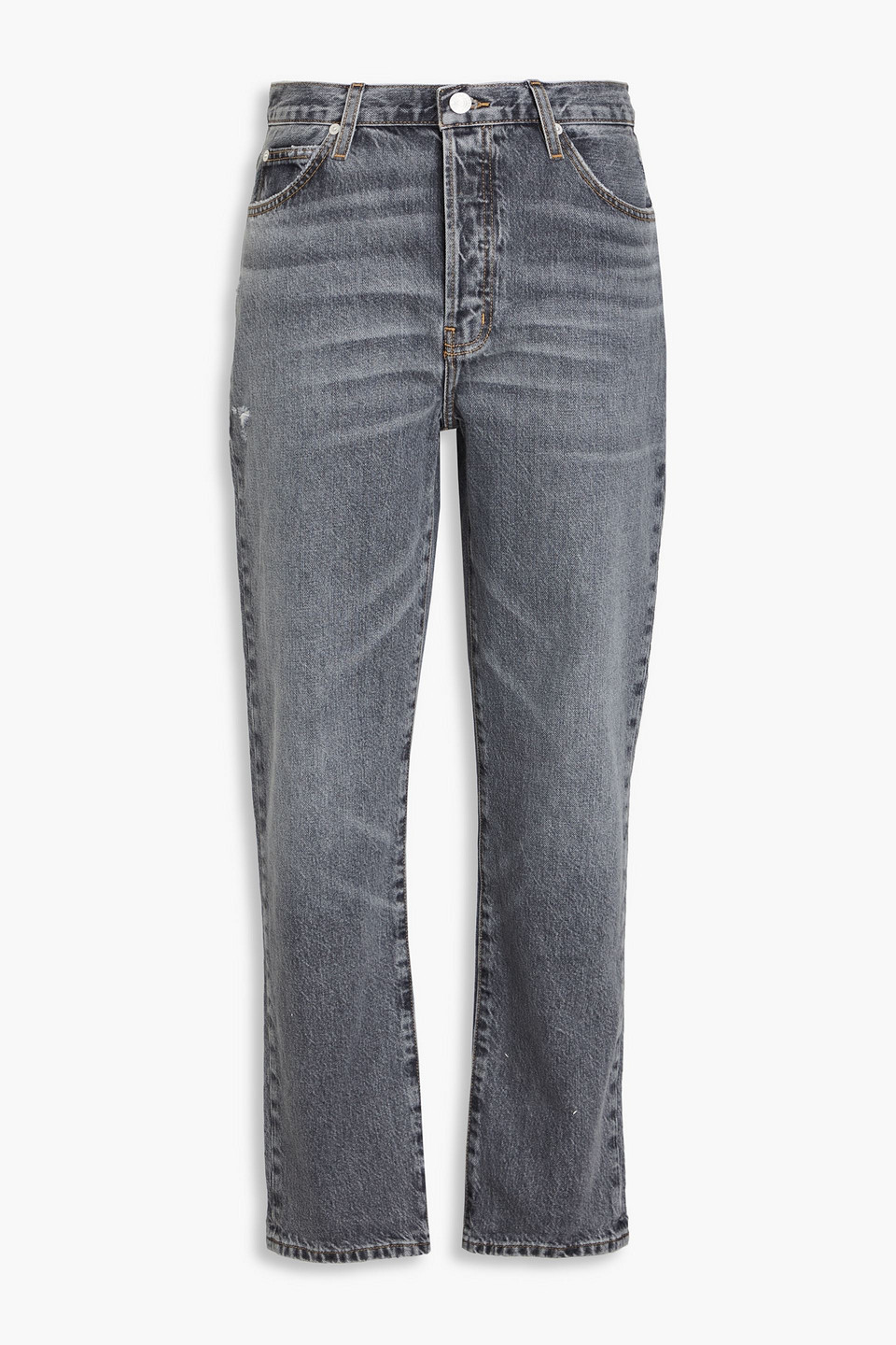 Frame Frayed High-rise Straight-leg Jeans In Gray