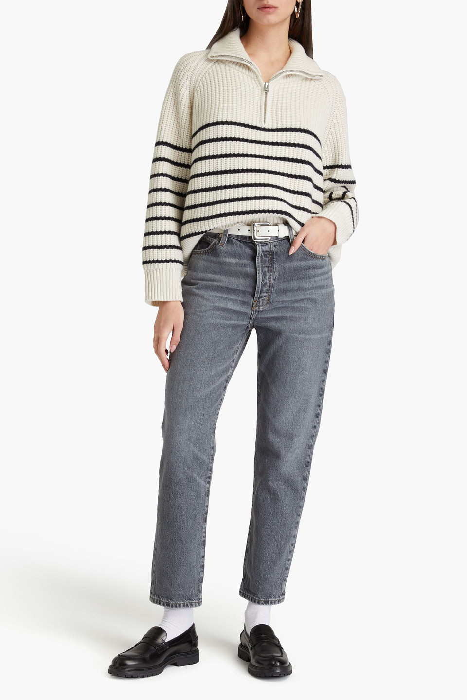 Frame Distressed High-rise Straight-leg Jeans In Gray