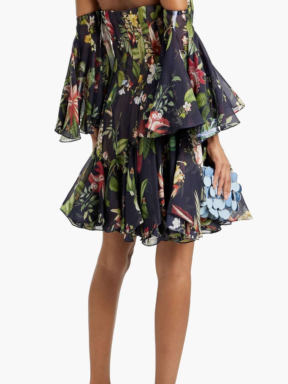 off-the-shoulder pleated floral-print silk-organza mini dress