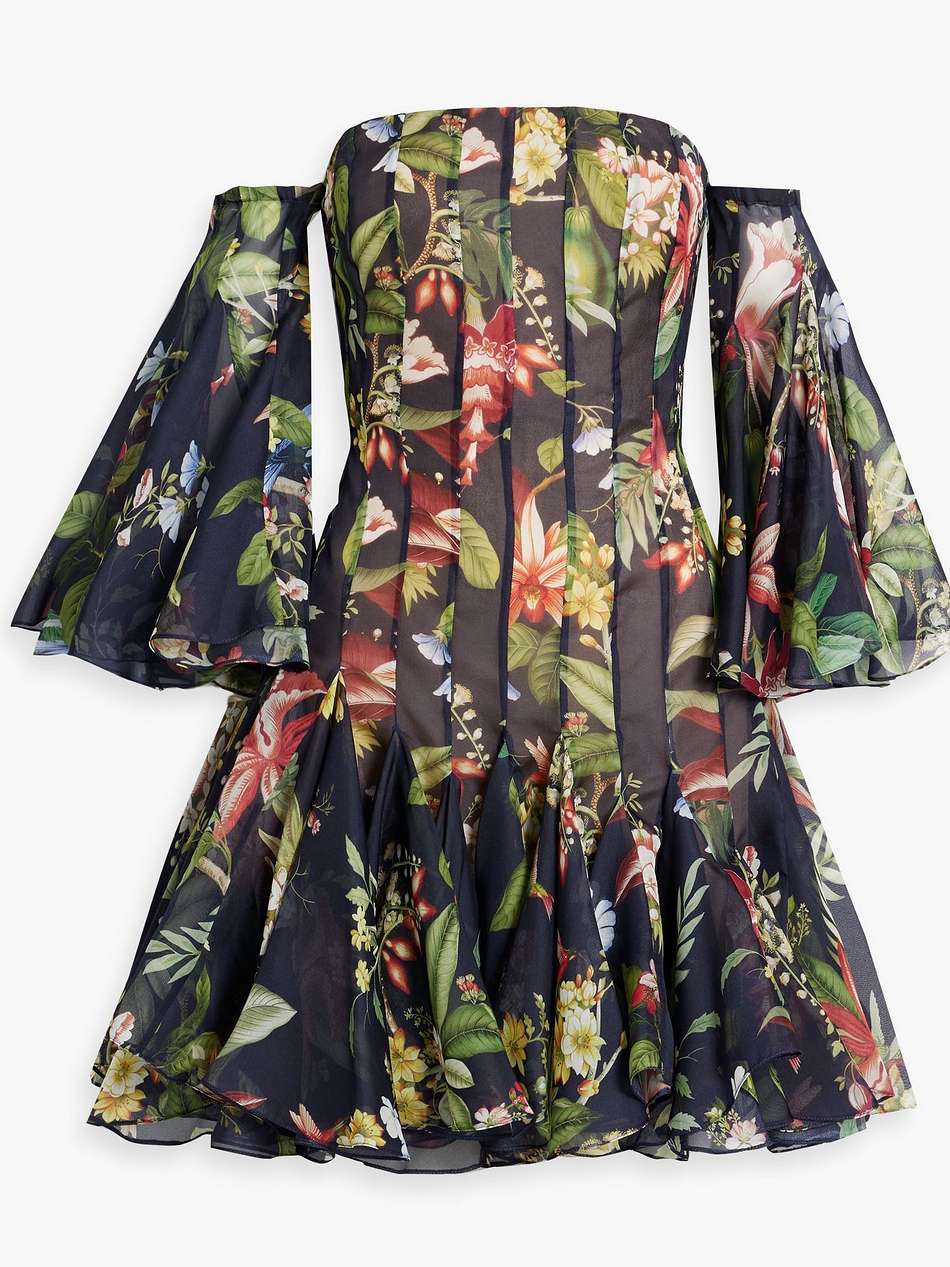 off-the-shoulder pleated floral-print silk-organza mini dress