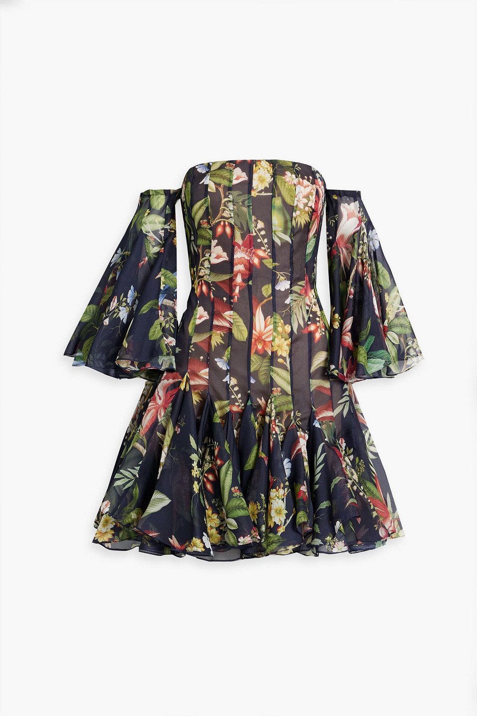 Oscar De La Renta Off-the-shoulder Pleated Floral-print Silk-organza Mini Dress In Green