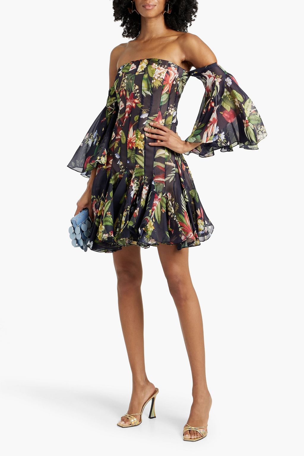 OSCAR DE LA RENTA Off-the-shoulder pleated floral-print silk-organza mini dress