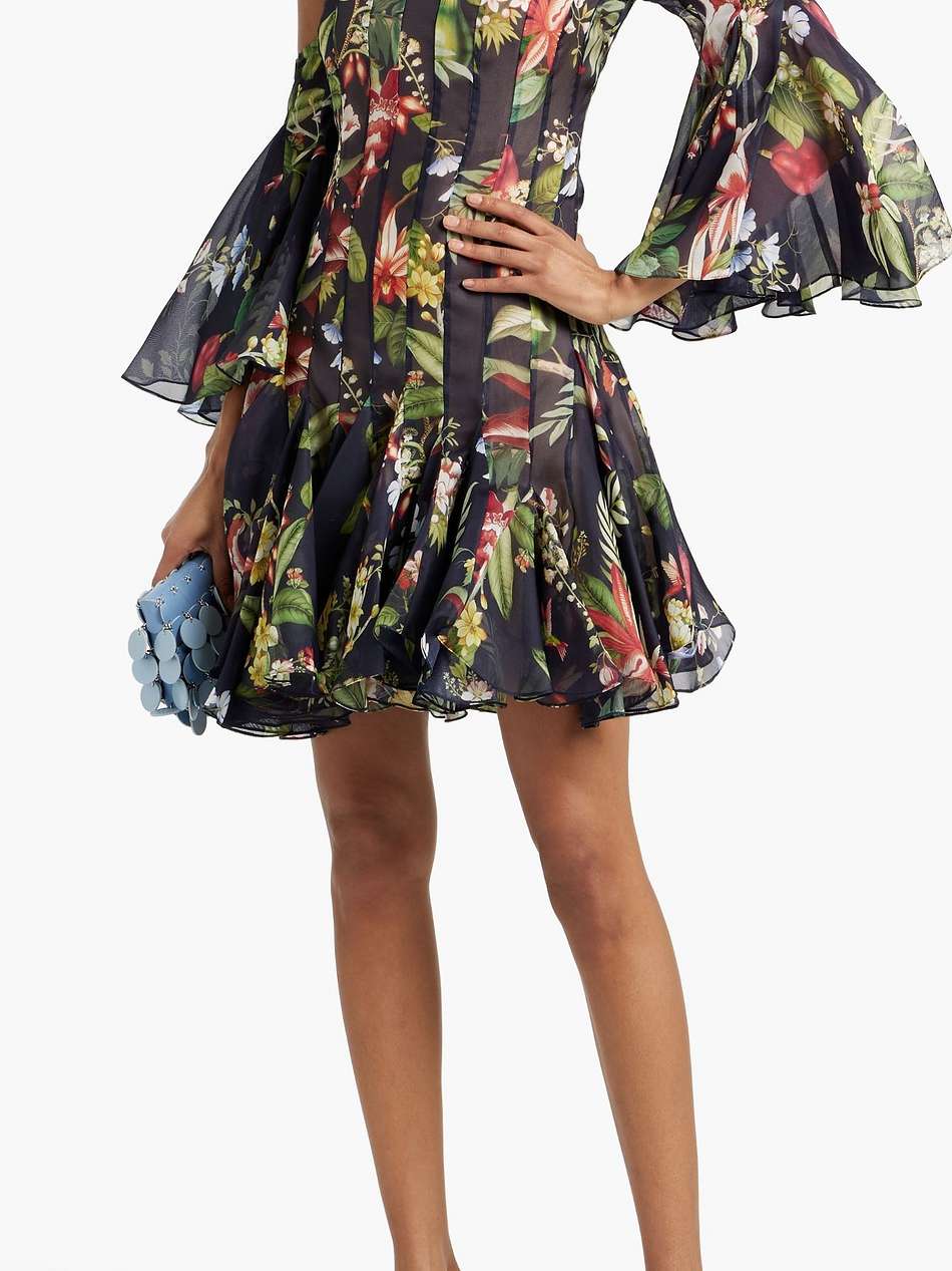 off-the-shoulder pleated floral-print silk-organza mini dress