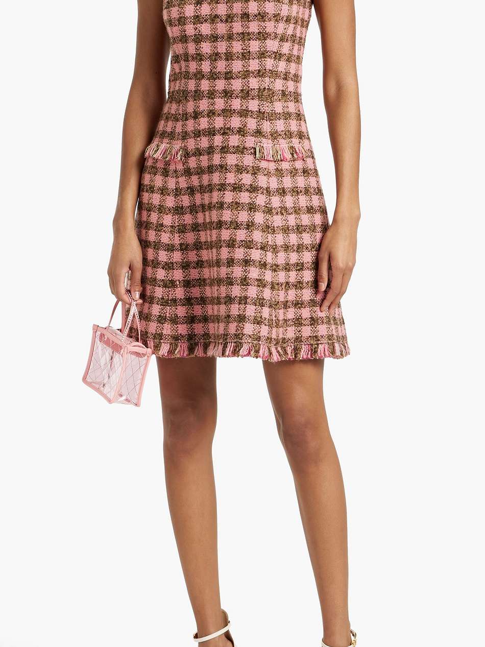 checked wool-blend tweed halterneck mini dress