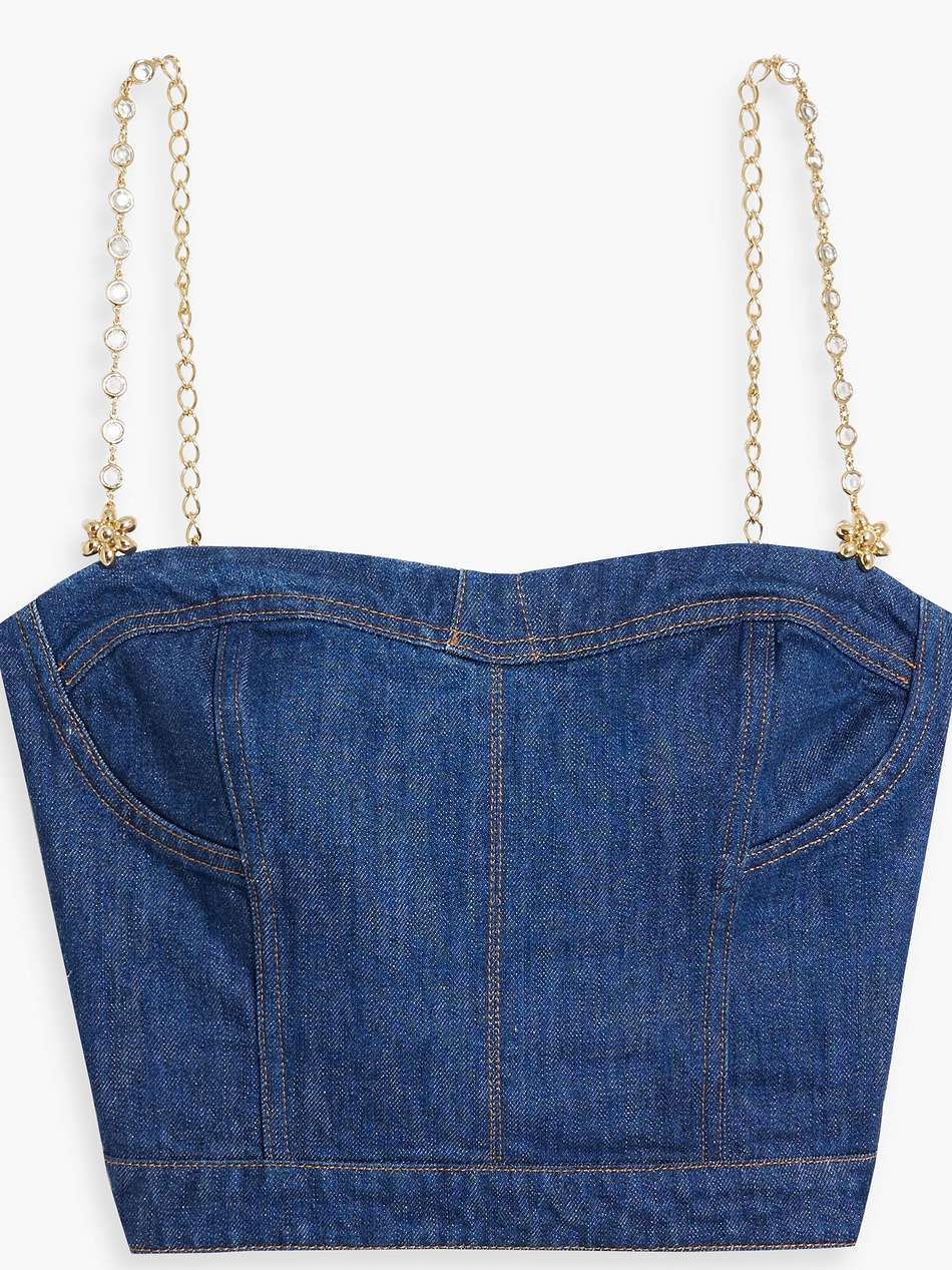chain-embellished cropped denim top