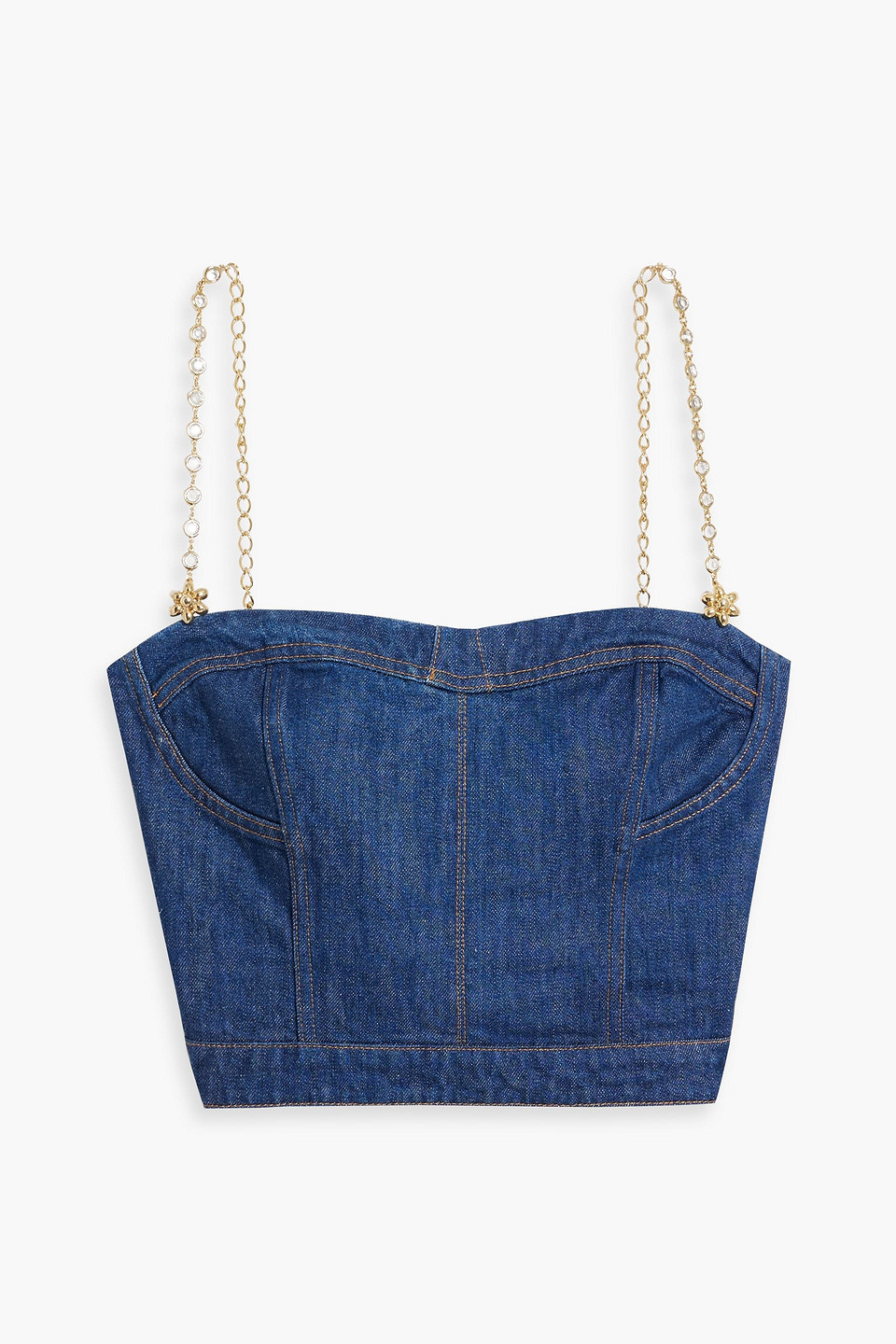 Oscar De La Renta Jewelled-strap Denim Bustier Top In Medium Wash