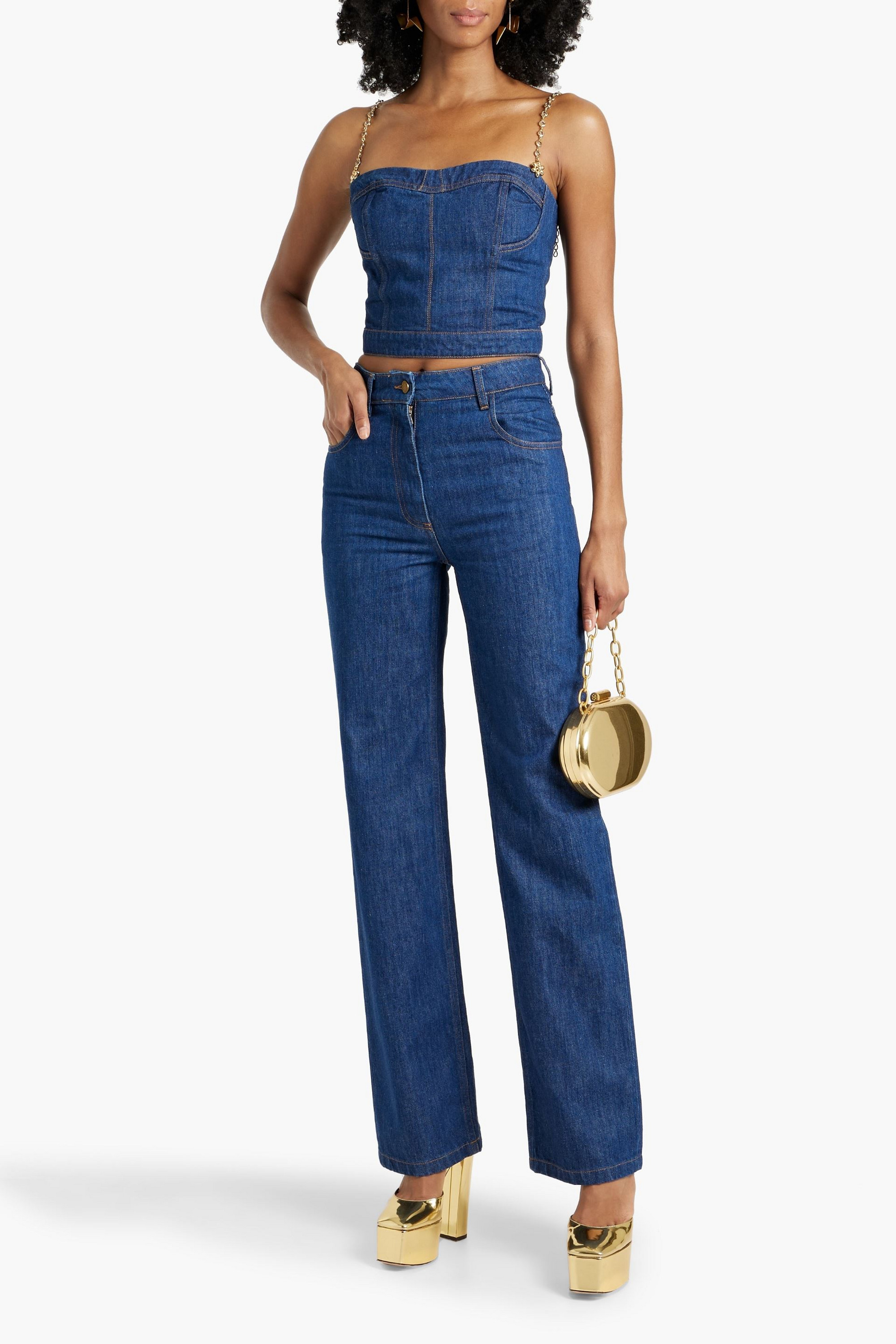Oscar de la Renta Chain-embellished cropped denim top