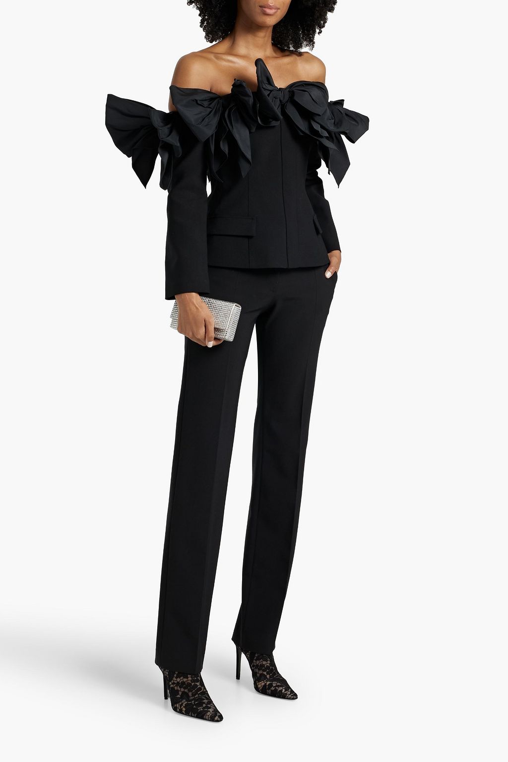 OSCAR DE LA RENTA Off-the-shoulder bow-detailed wool-blend top