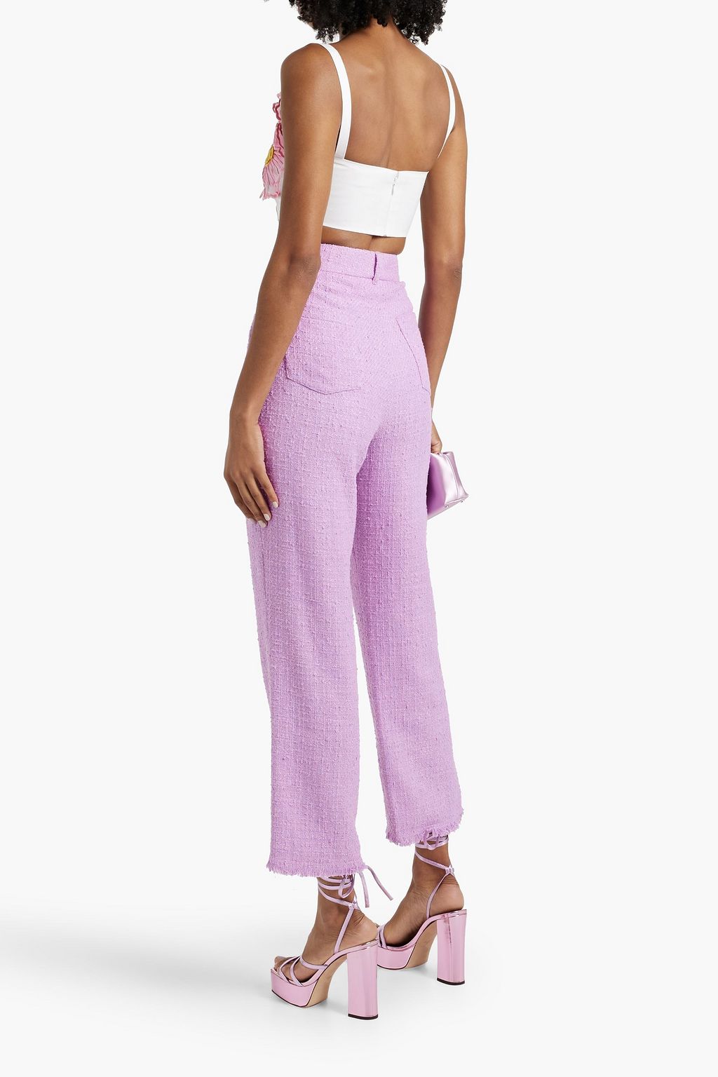 OSCAR DE LA RENTA Cropped floral-appliquéd cotton-blend poplin top
