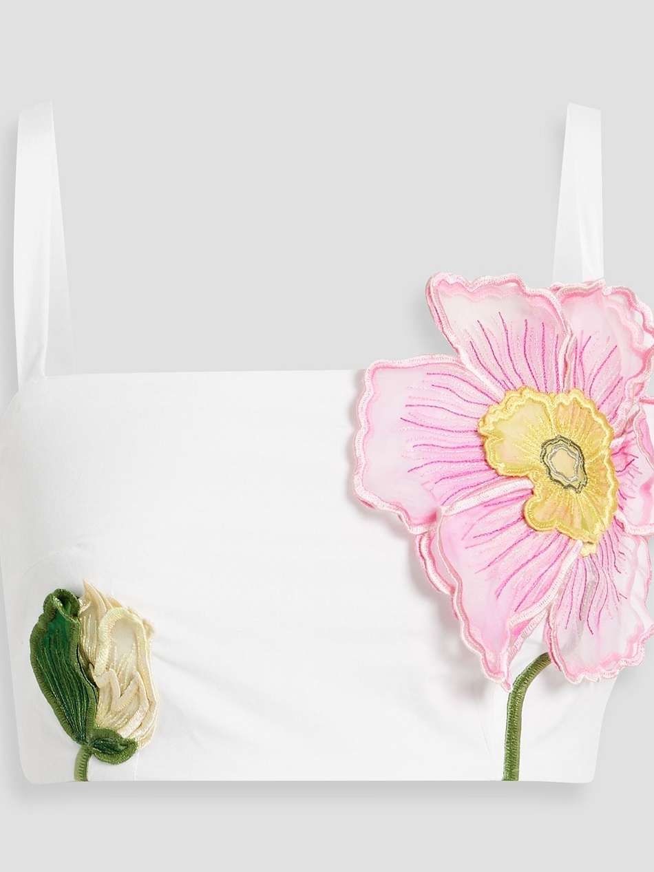 cropped floral-appliquéd cotton-blend poplin top