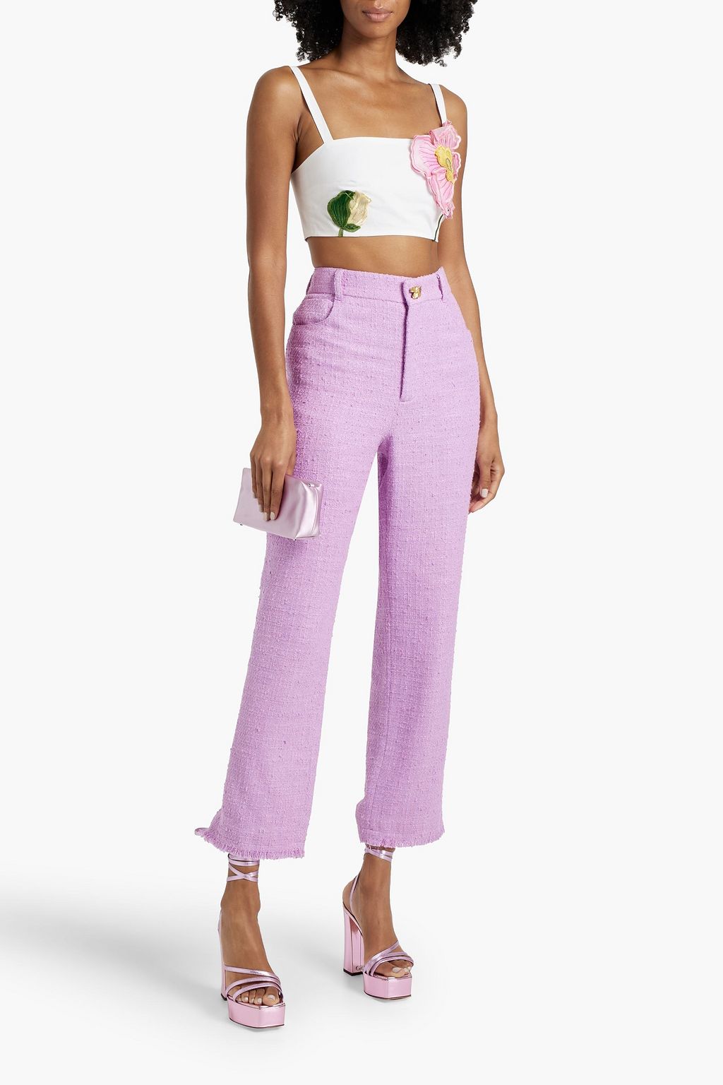 OSCAR DE LA RENTA Cropped floral-appliquéd cotton-blend poplin top