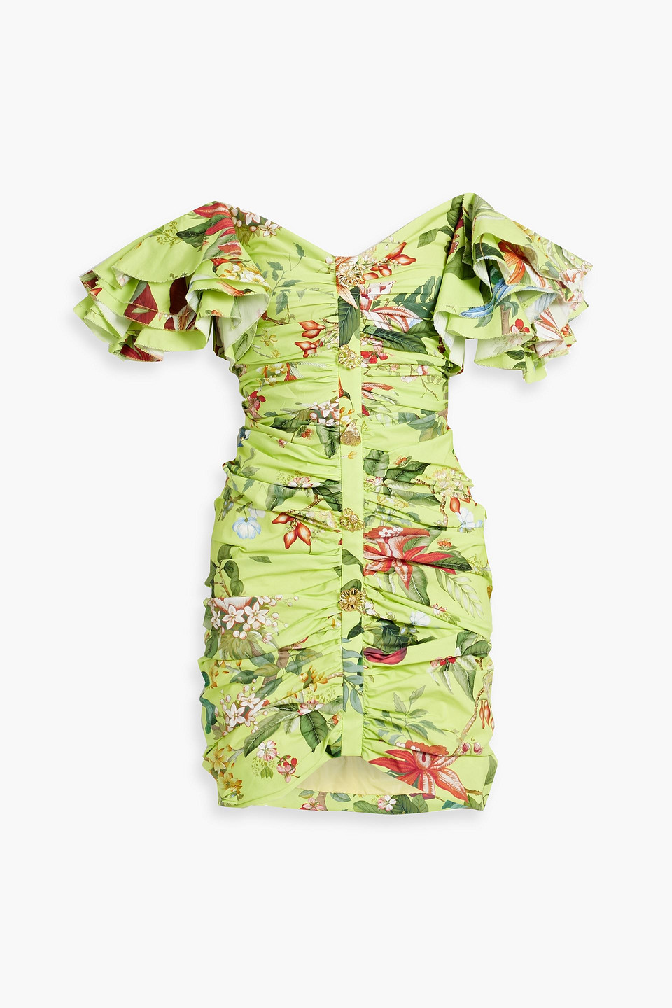 Oscar De La Renta Ruffled Floral-print Cotton-blend Poplin Mini Dress In Lime Green
