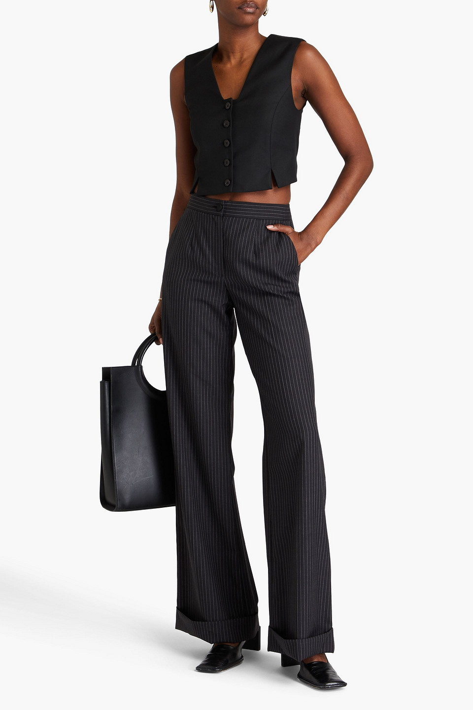 Shop By Malene Birger Bettas Cropped Satin-paneled Twill Vest In Black