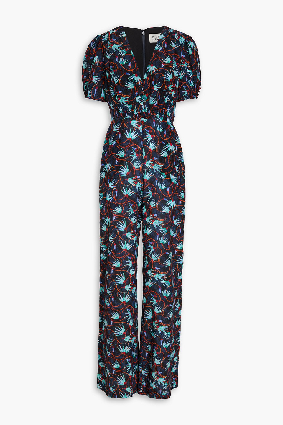 Saloni Lea Printed Silk Crepe De Chine Jumpsuit In Midnight Blue