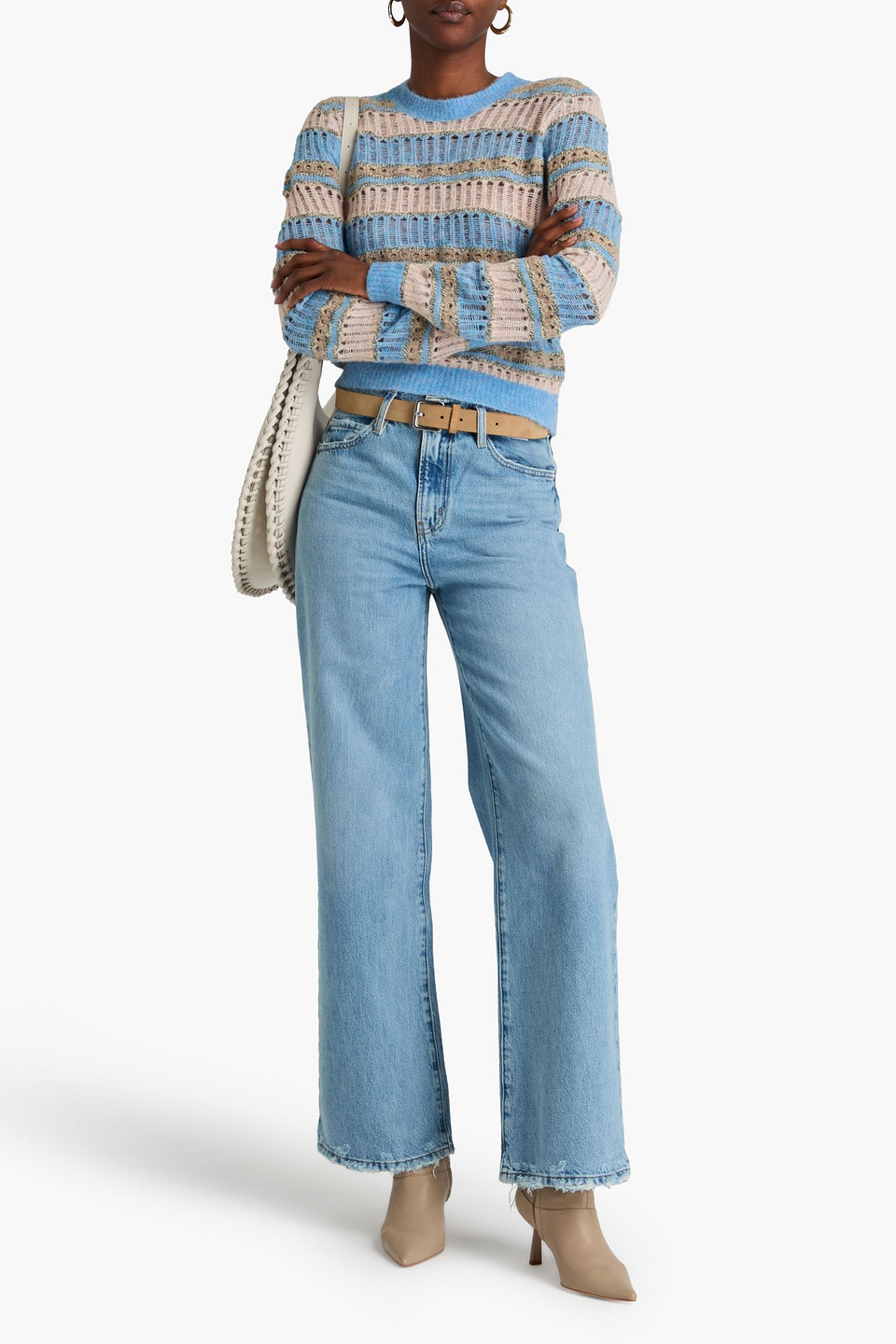 Shop Frame Le Jane Distressed High-rise Wide-leg Jeans In Light Denim