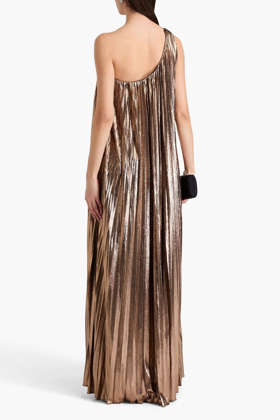 Retroféte Kensley One-shoulder Metallic Pleated Maxi Dress In Bronze