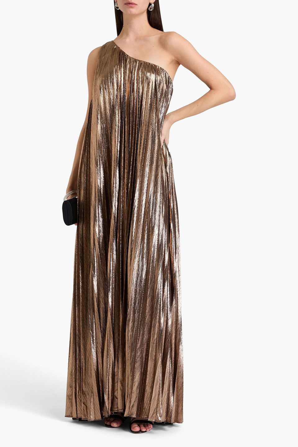 Retroféte Kensley One-shoulder Metallic Pleated Maxi Dress In Bronze
