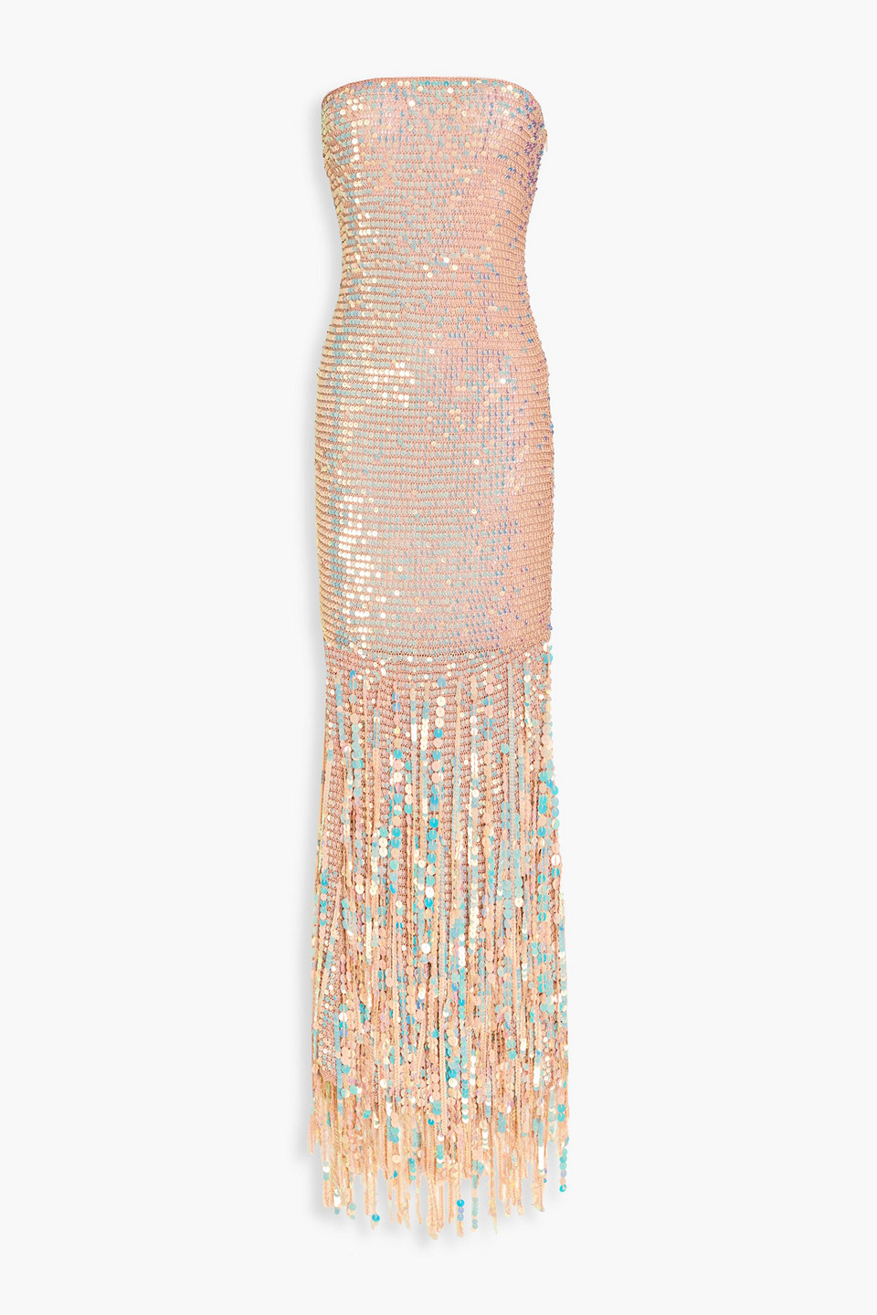 Retroféte Strapless Fringed Sequined Crochet-knit Gown In Neutral