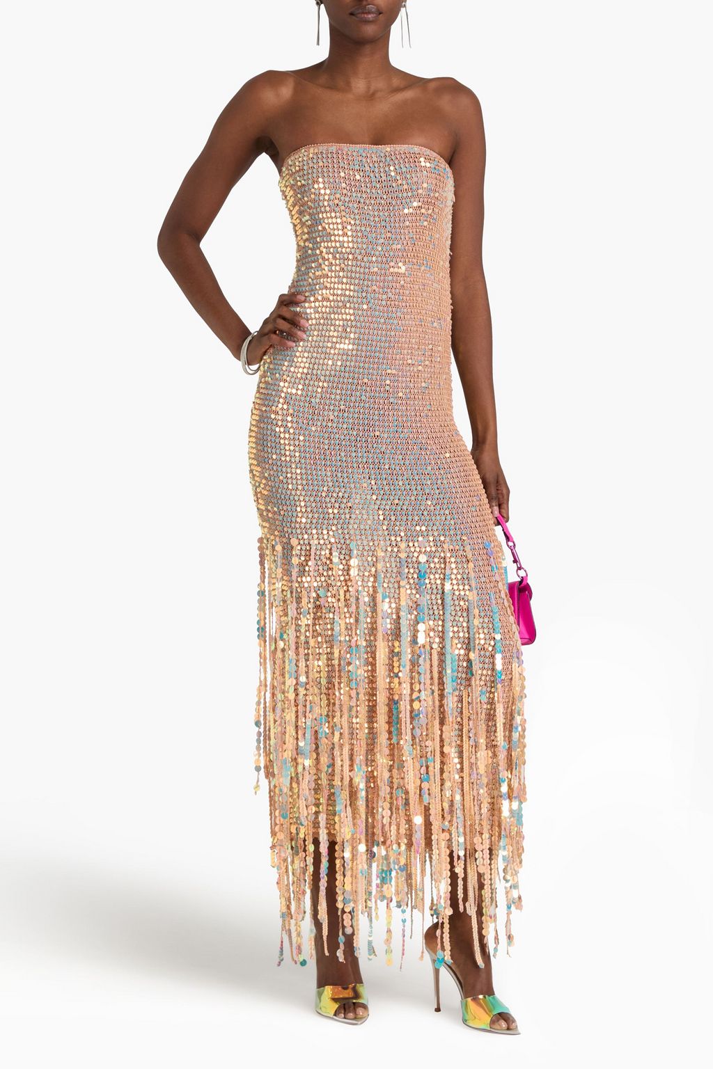 RETROFÊTE Strapless fringed sequined crochet-knit gown