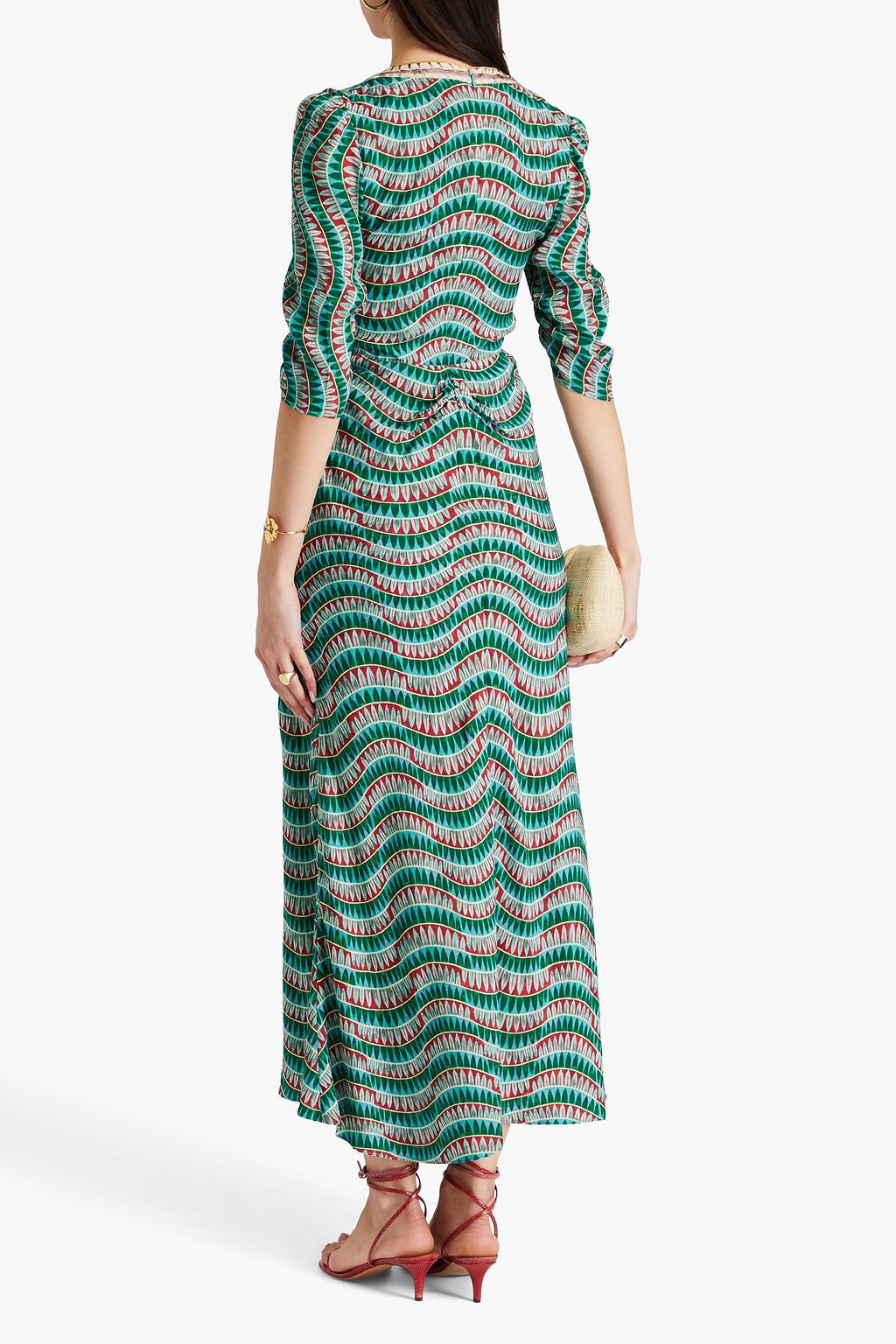 SALONI Mitsu ruched printed silk-satin maxi dress