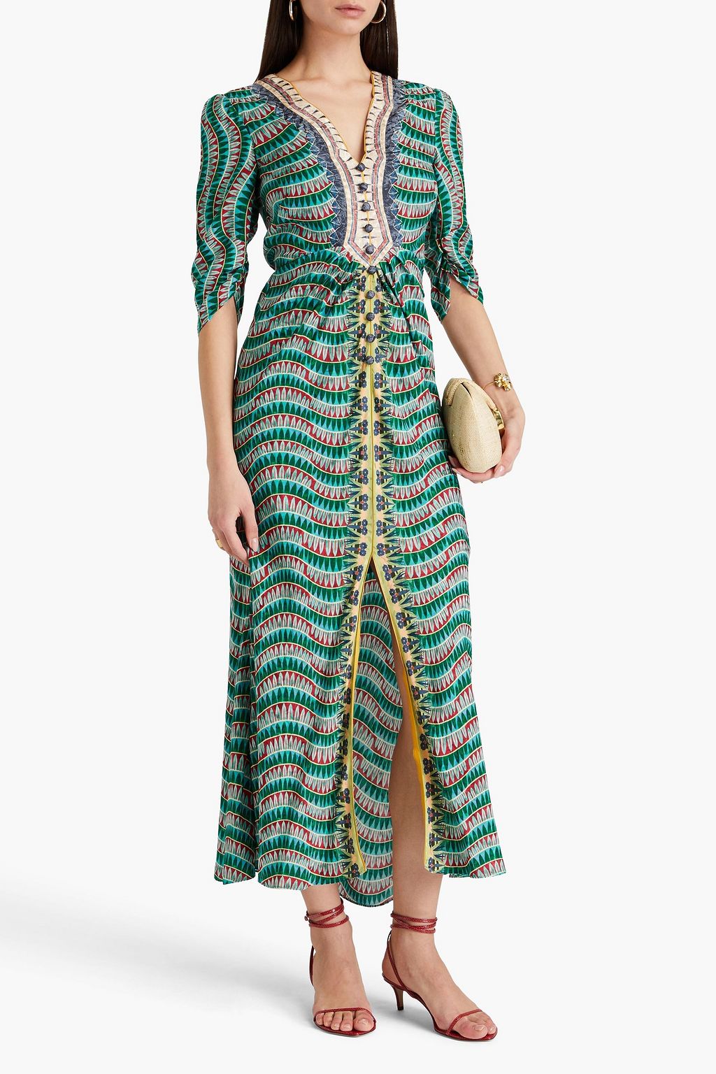 SALONI Mitsu ruched printed silk-satin maxi dress