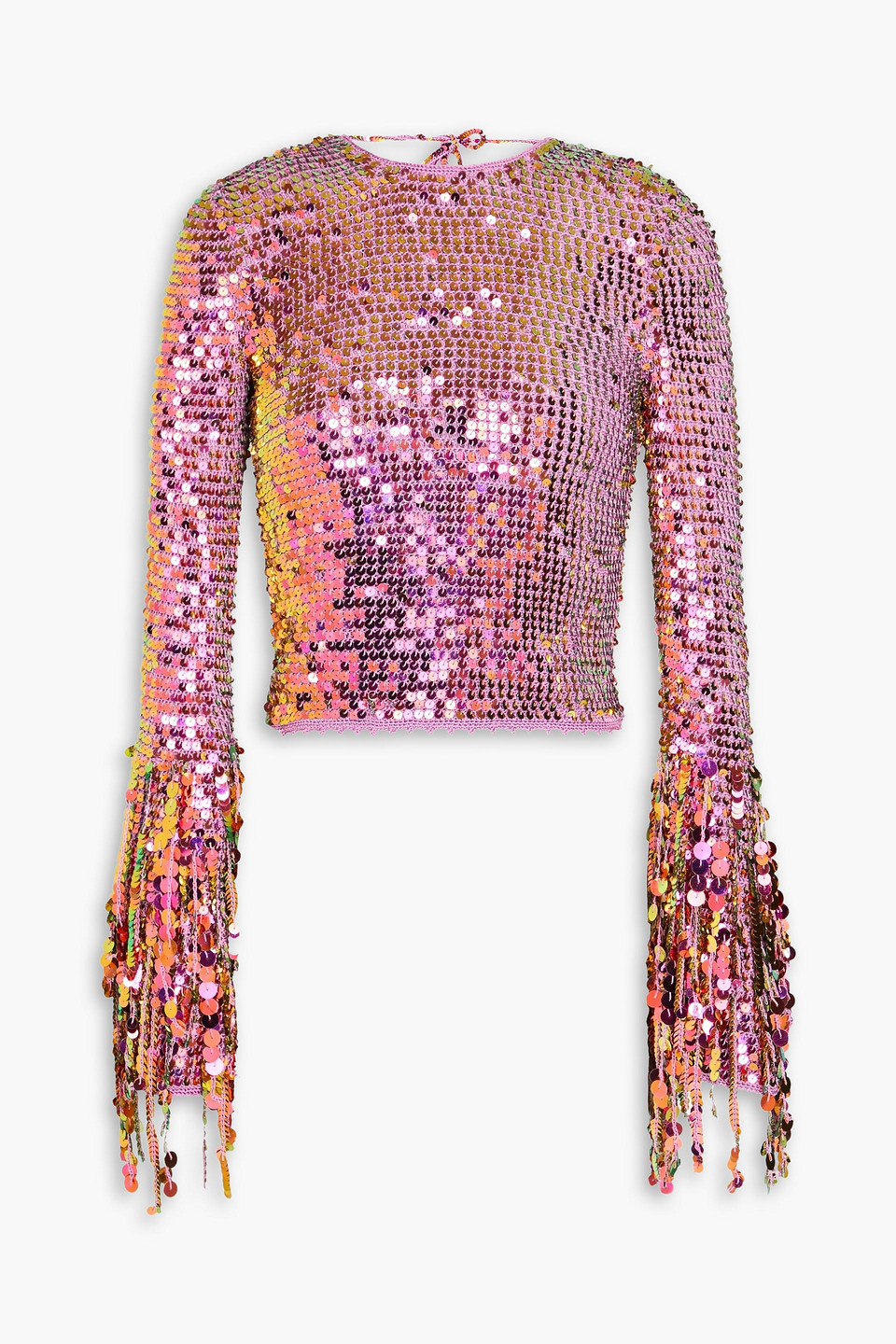 RETROFÉTE MIRIAM OPEN-BACK FRINGED SEQUINED CROCHET-KNIT TOP
