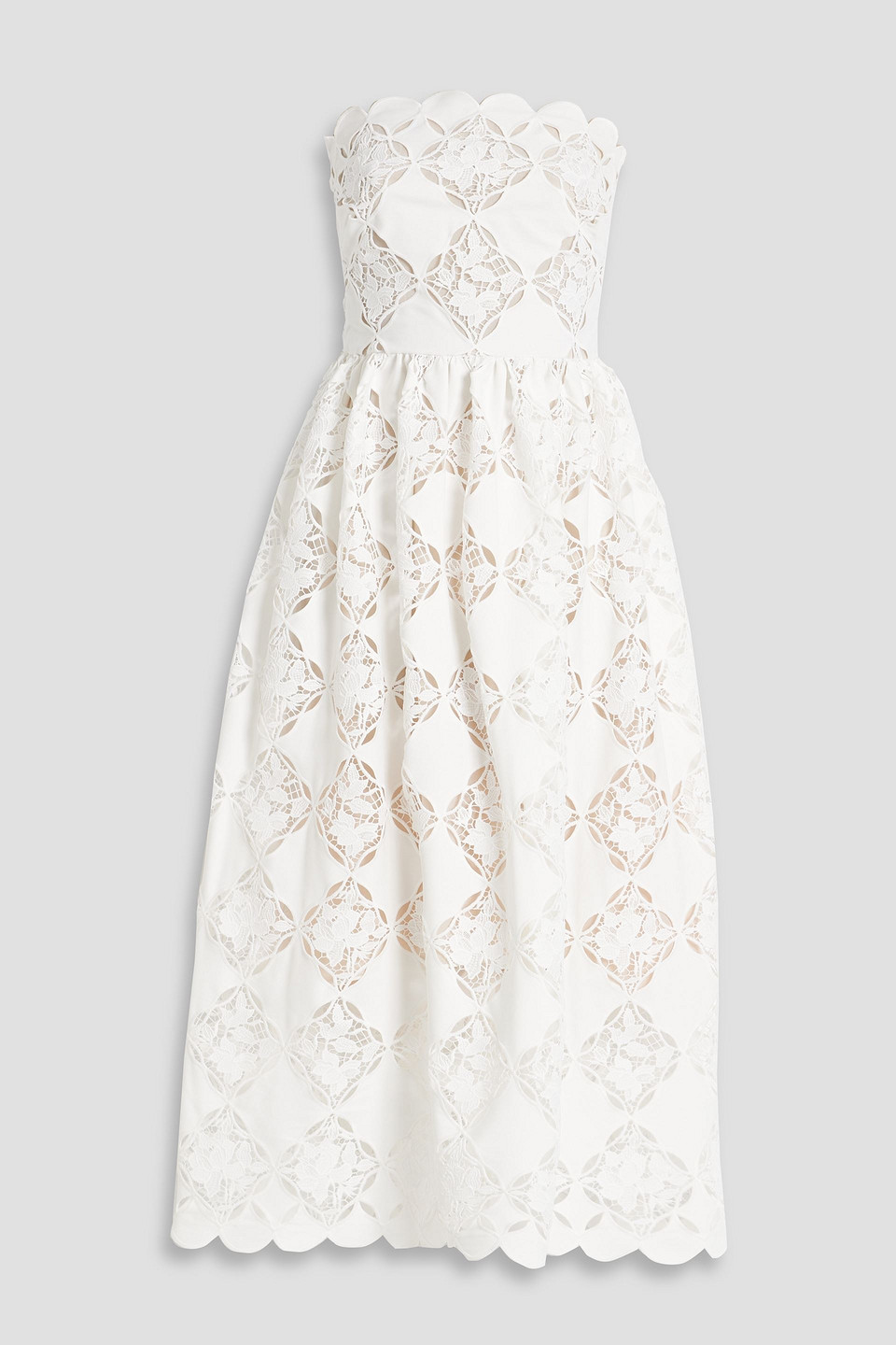 Oscar De La Renta Strapless Guipure Lace Midi Dress In White