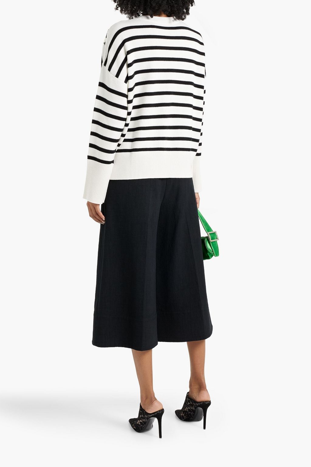 OSCAR DE LA RENTA Floral-appliquéd striped wool sweater