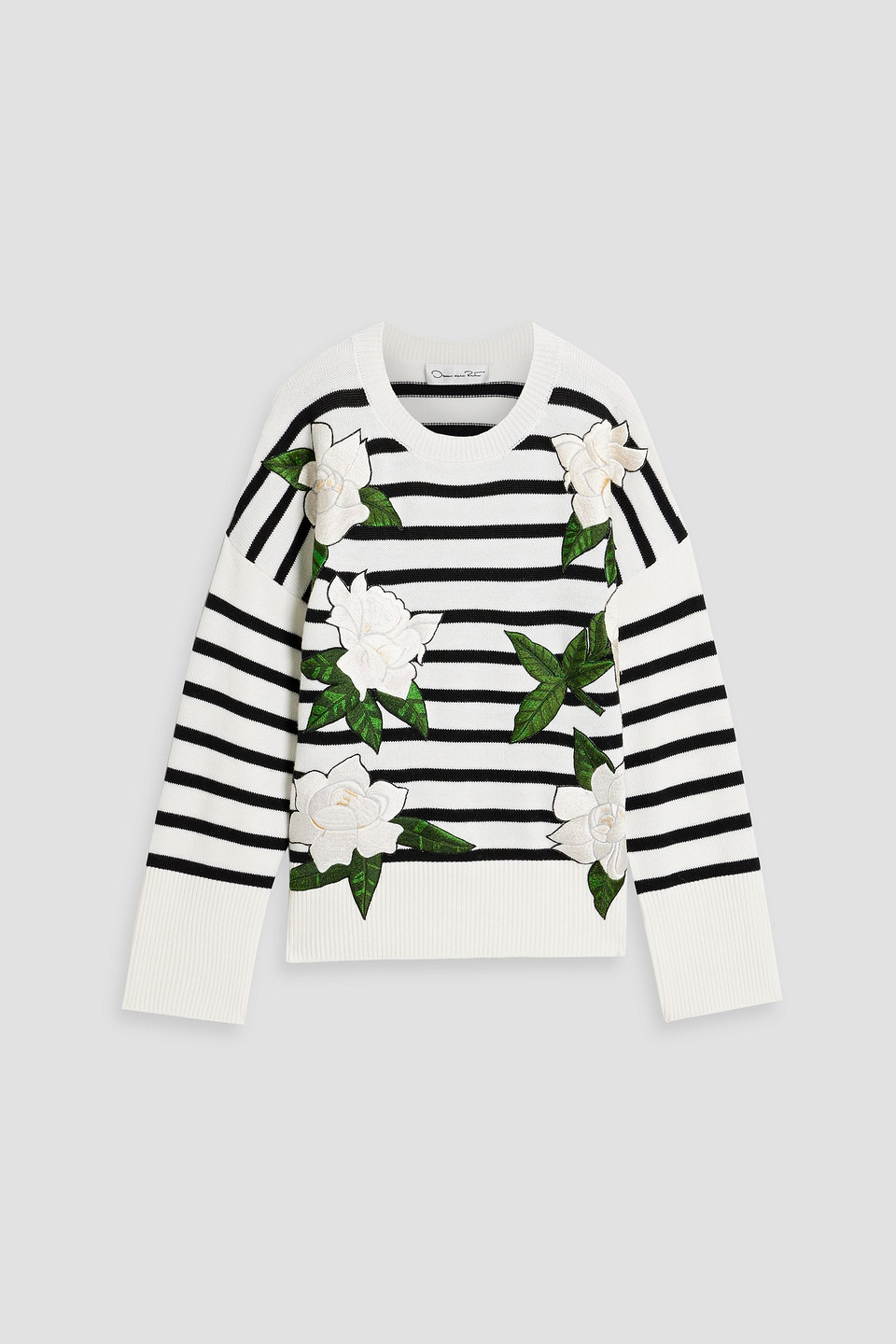 Oscar De La Renta Gardenia Applique Stripe Wool Sweater In White/black