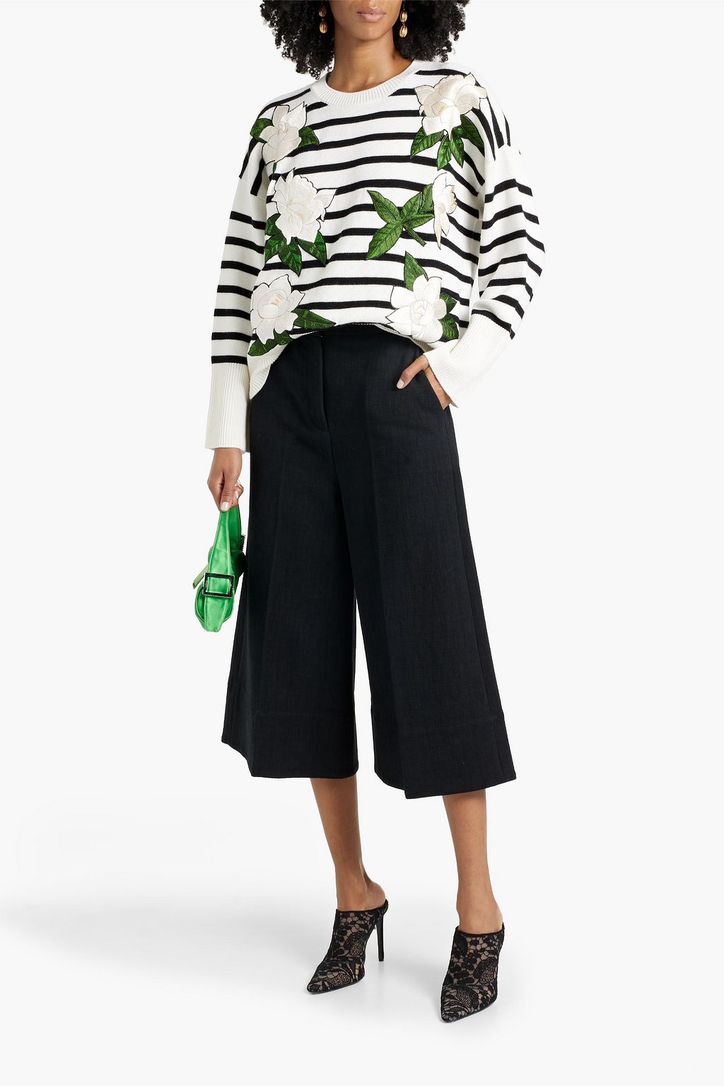 OSCAR DE LA RENTA Floral-appliquéd striped wool sweater